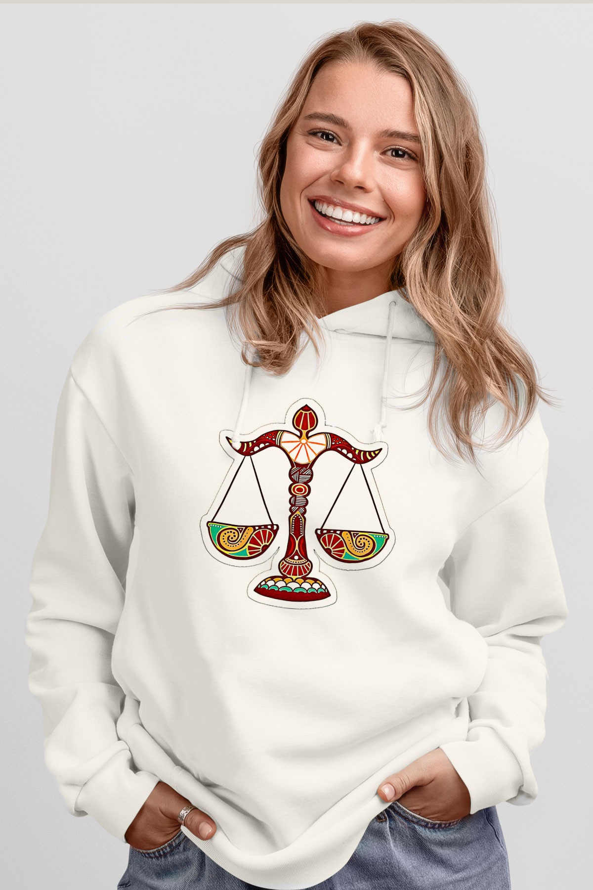 Terazi Burcu Baskılı Beyaz Unisex Hoodie