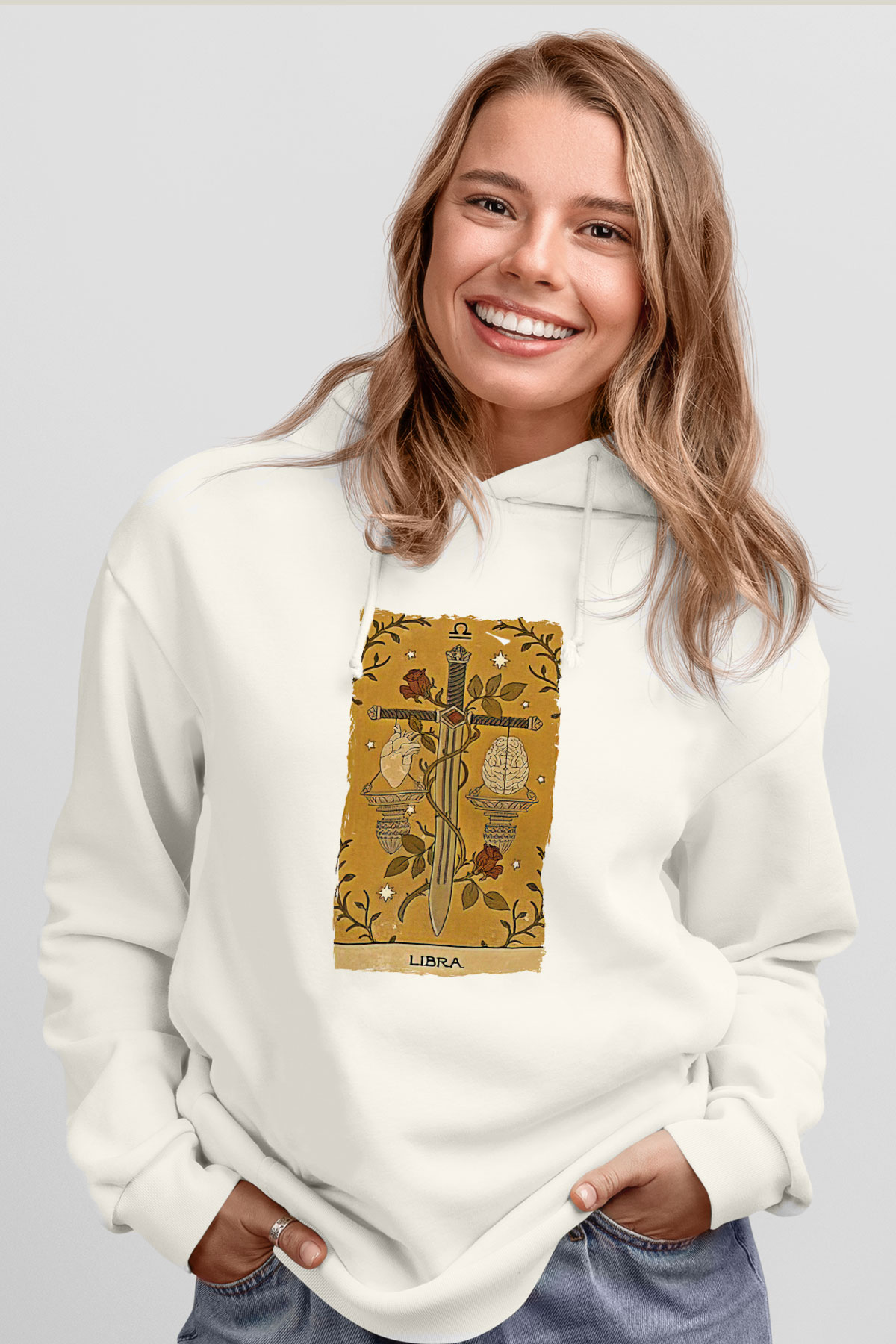 Terazi Burcu Baskılı Beyaz Unisex Hoodie