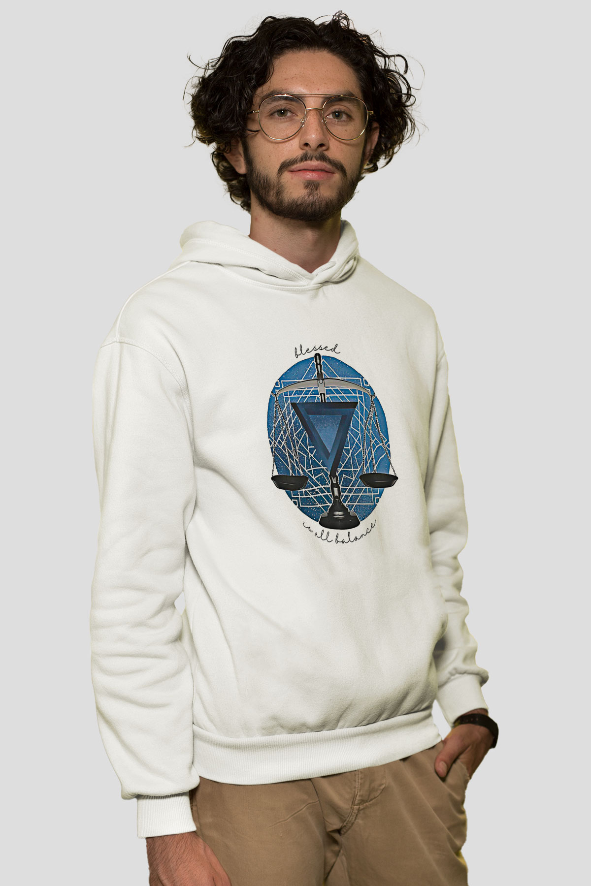 Terazi Burcu Baskılı Beyaz Unisex Hoodie