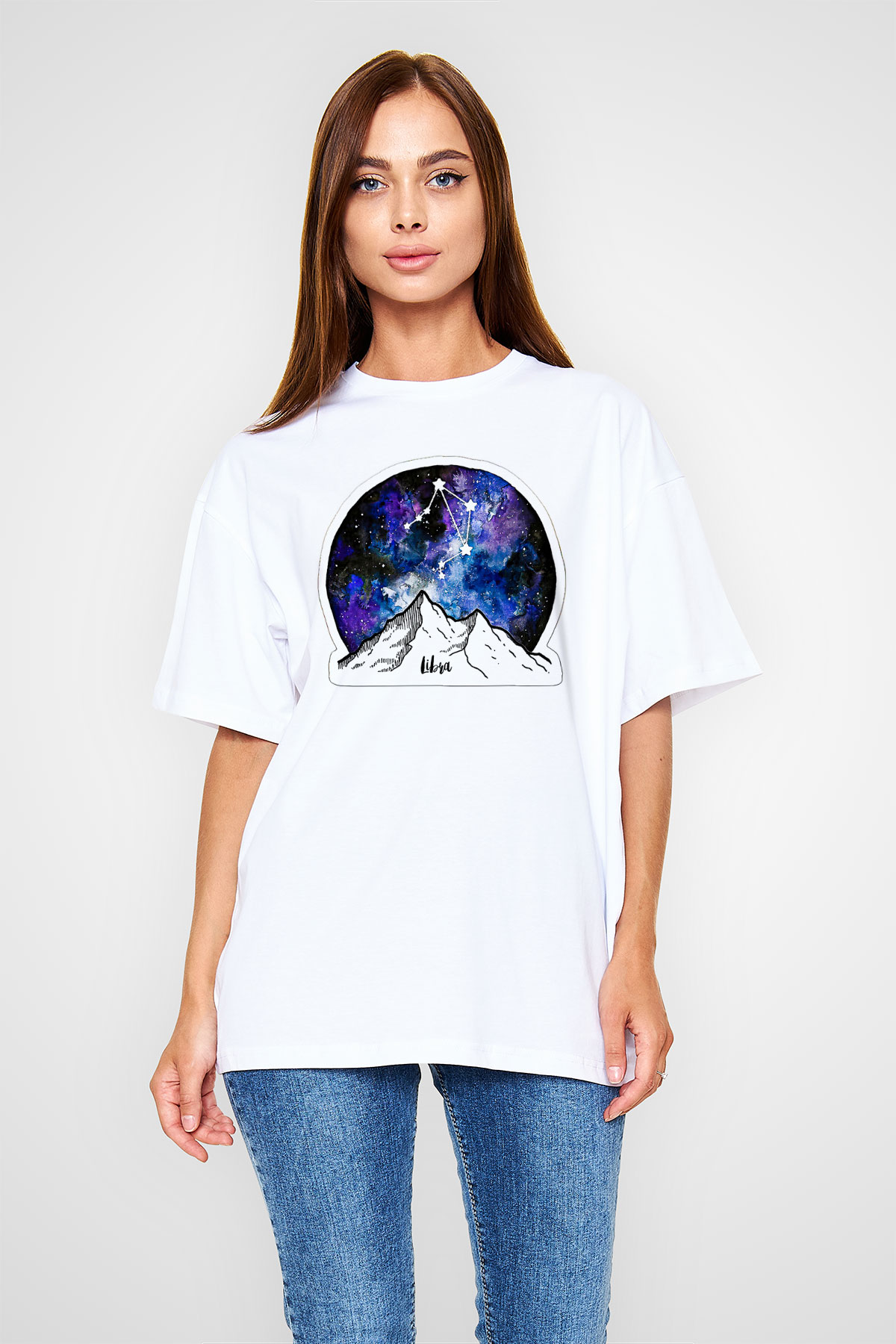 Terazi Burcu Baskılı Beyaz Unisex Oversize Tişört - Tshirt