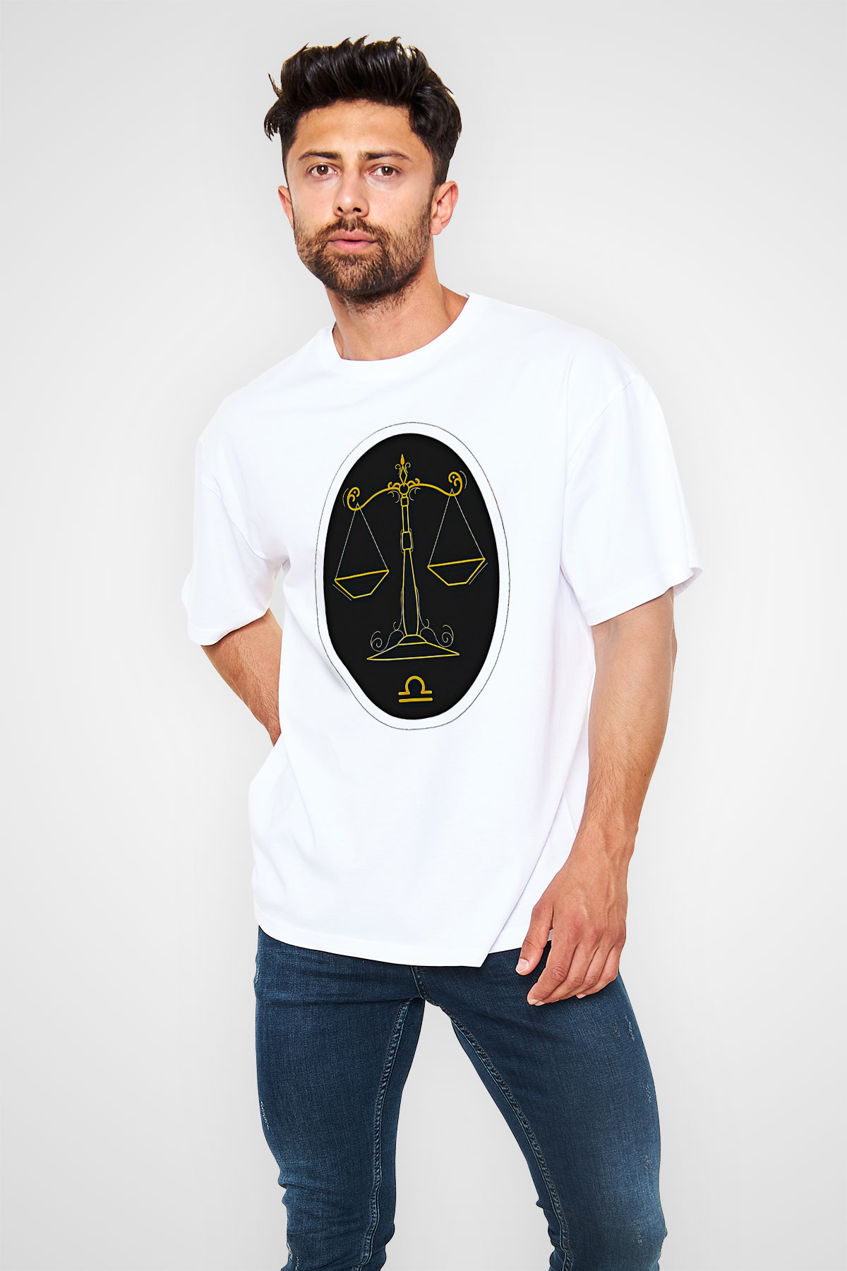 Terazi Burcu Baskılı Beyaz Unisex Oversize Tişört - Tshirt