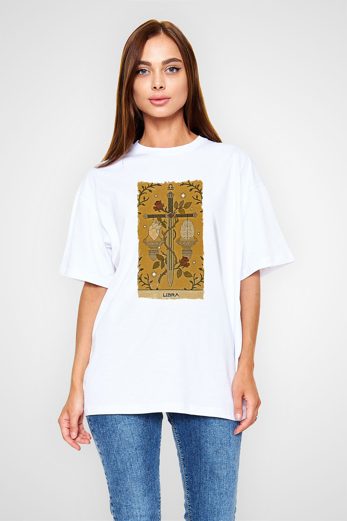 Terazi Burcu Baskılı Beyaz Unisex Oversize Tişört - Tshirt