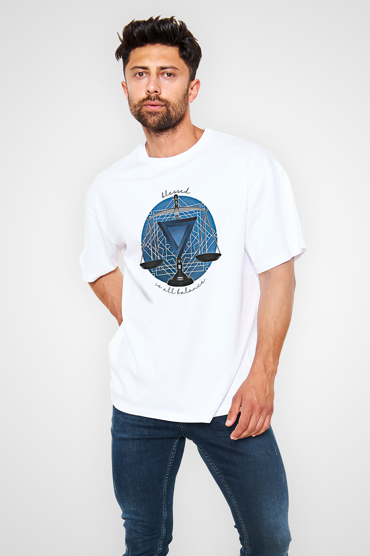 Terazi Burcu Baskılı Beyaz Unisex Oversize Tişört - Tshirt