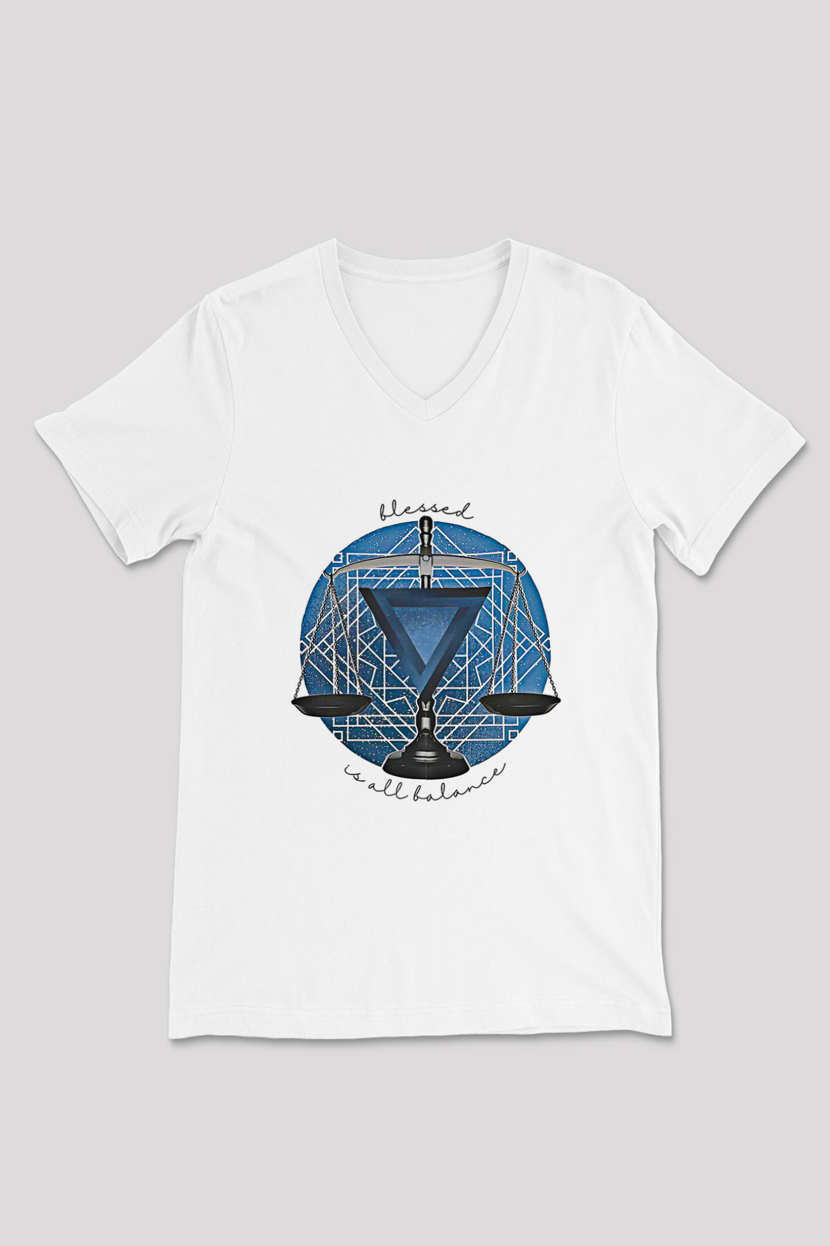 Terazi Burcu Baskılı Beyaz Unisex V Yaka Tişört - Tshirt