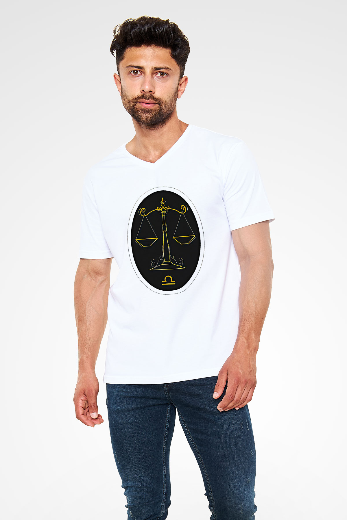 Terazi Burcu Baskılı Beyaz Unisex V Yaka Tişört - Tshirt