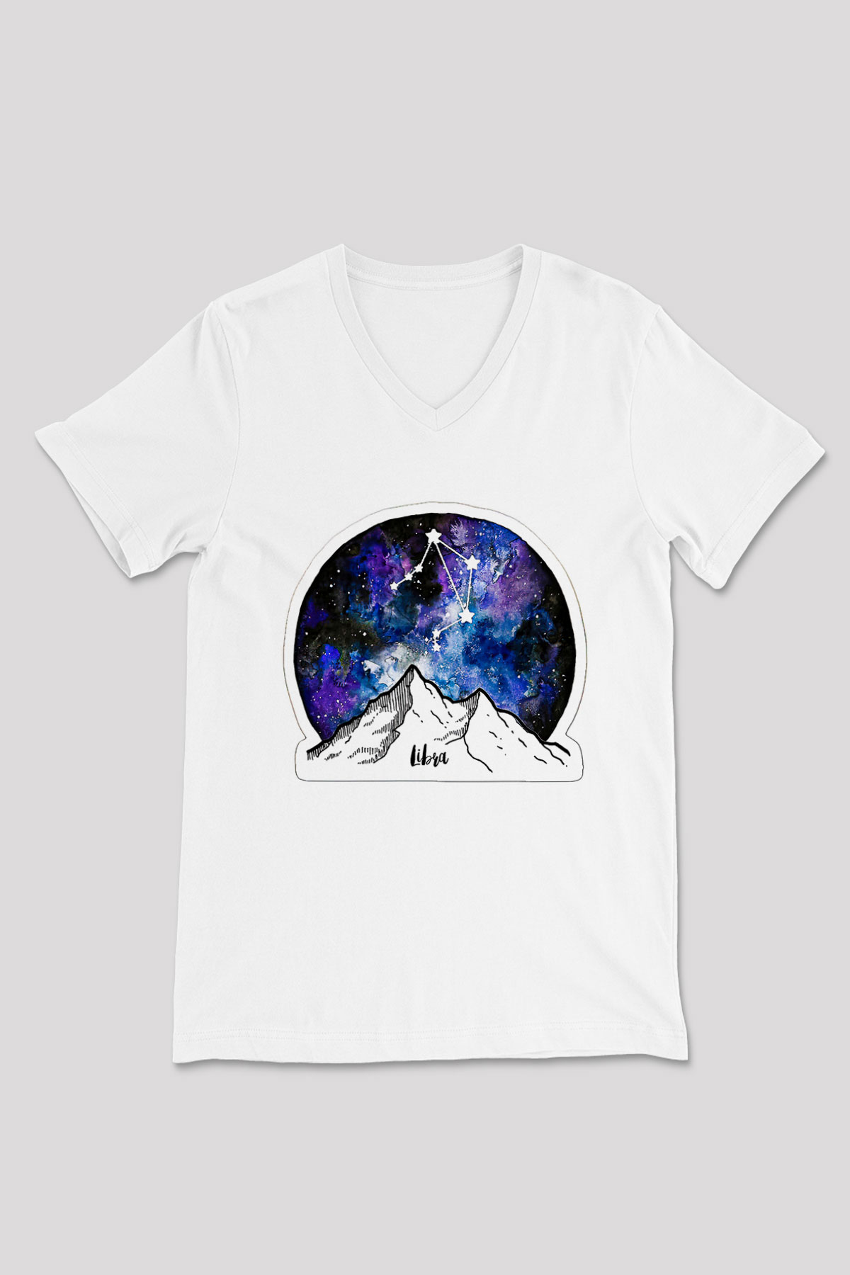 Terazi Burcu Baskılı Beyaz Unisex V Yaka Tişört - Tshirt