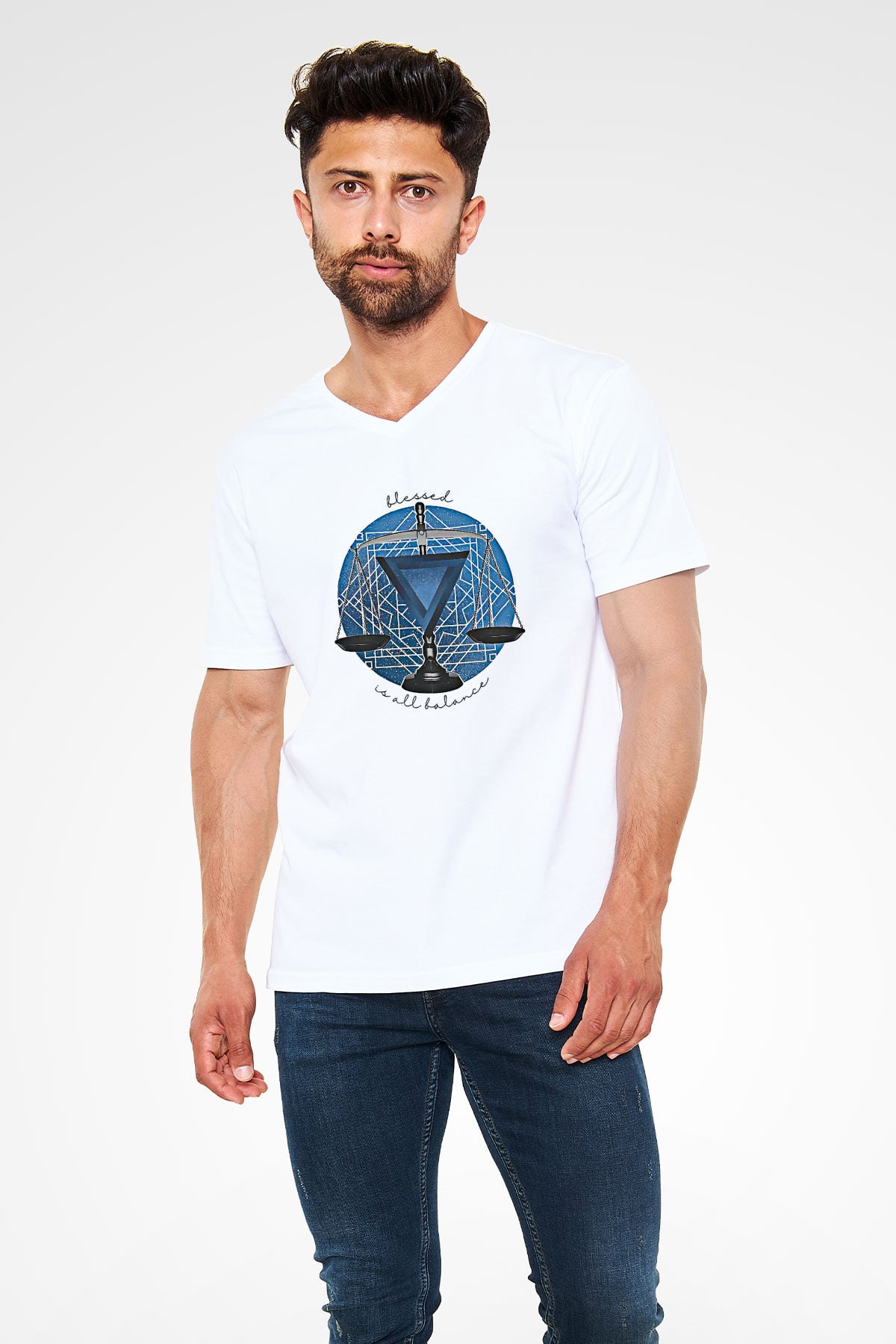 Terazi Burcu Baskılı Beyaz Unisex V Yaka Tişört - Tshirt