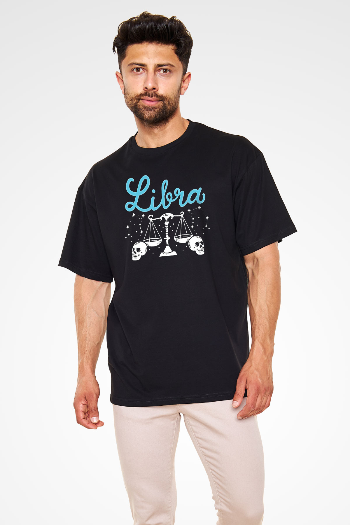 Terazi Burcu Baskılı Unisex Siyah Oversize Tişört - Tshirt