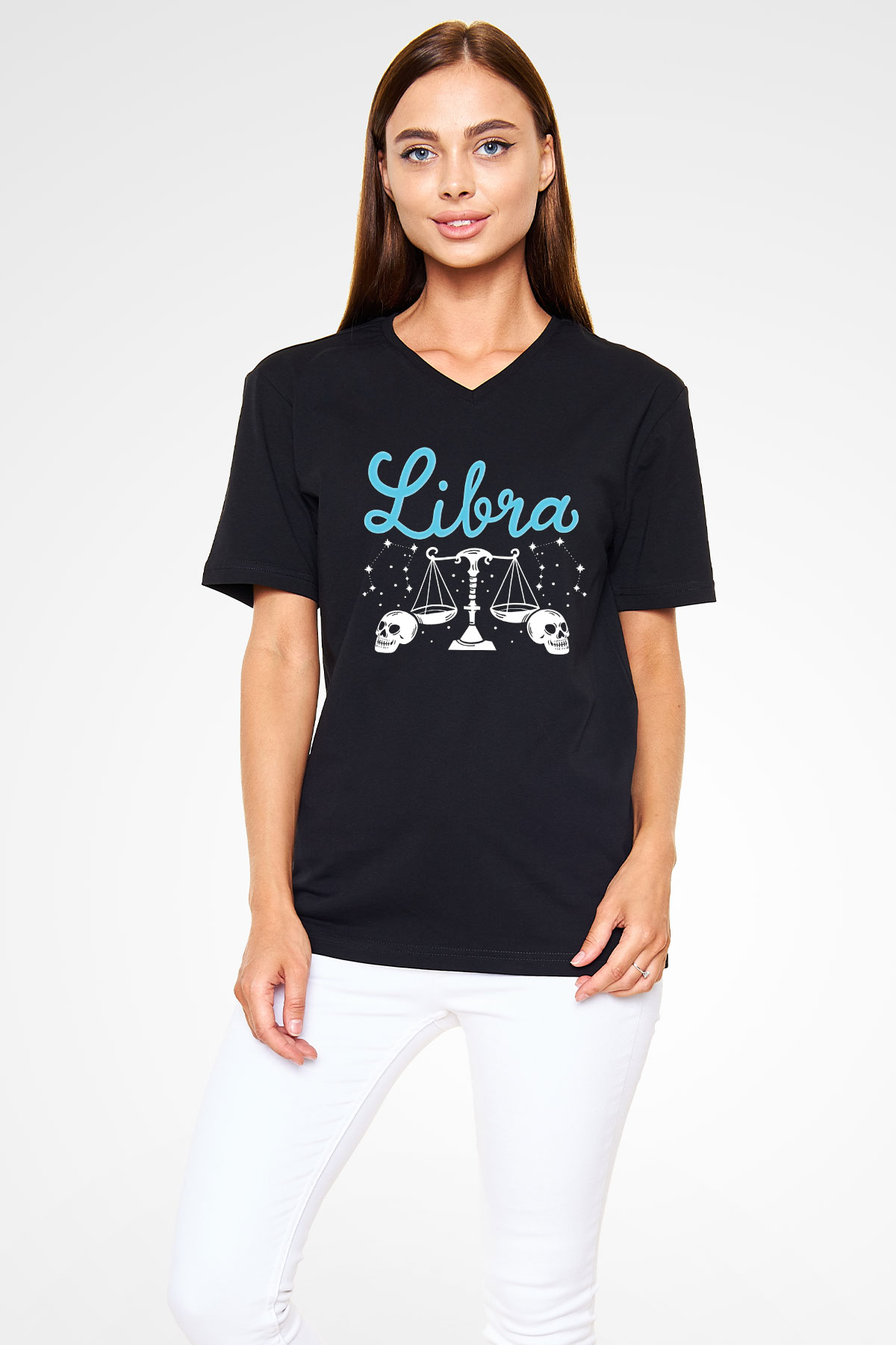 Terazi Burcu Baskılı Unisex Siyah V Yaka Tişört - Tshirt