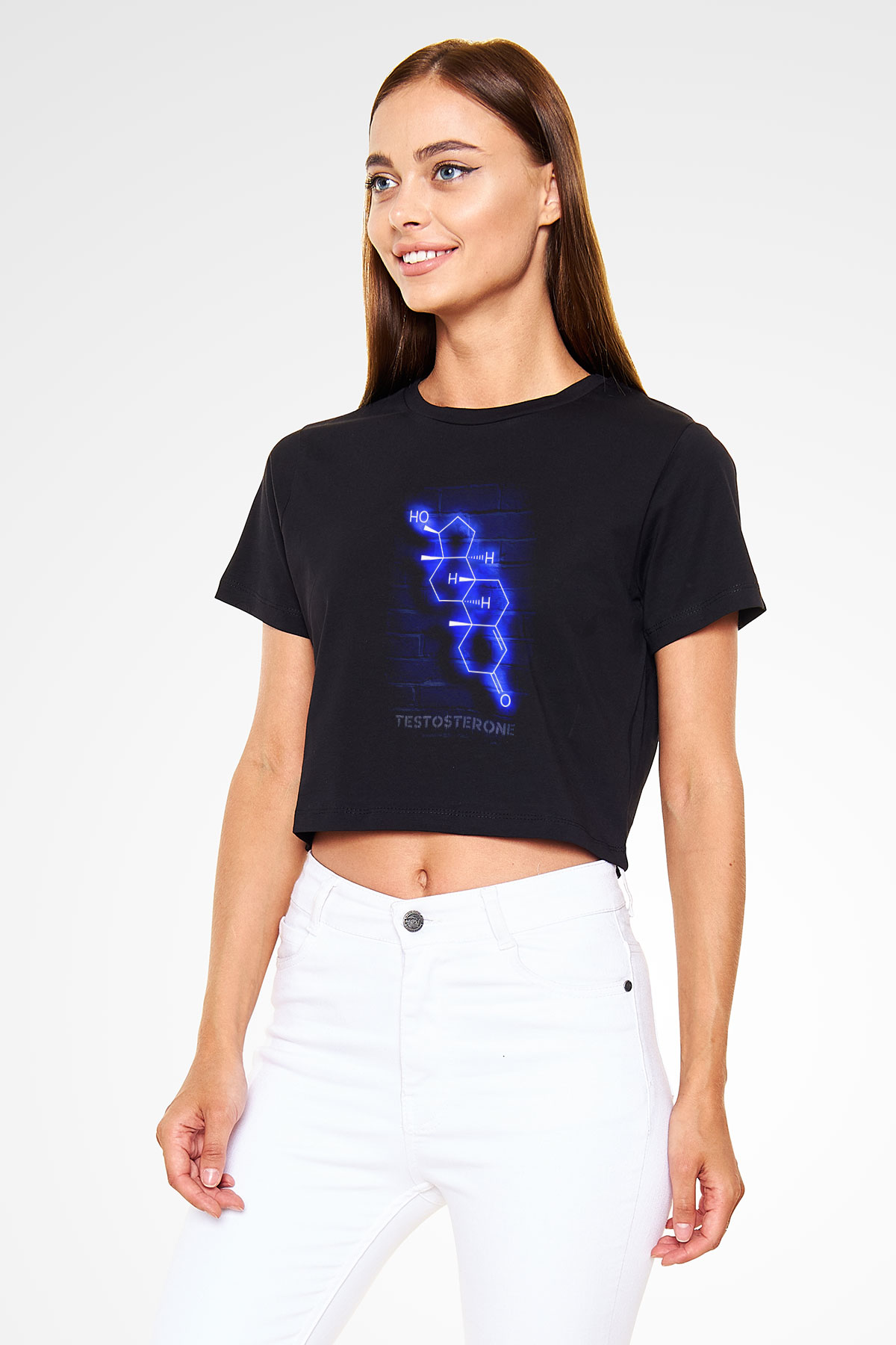 Testosteron Molekülü Neon Baskılı Crop Top Kadın Tİşört - Tshirt