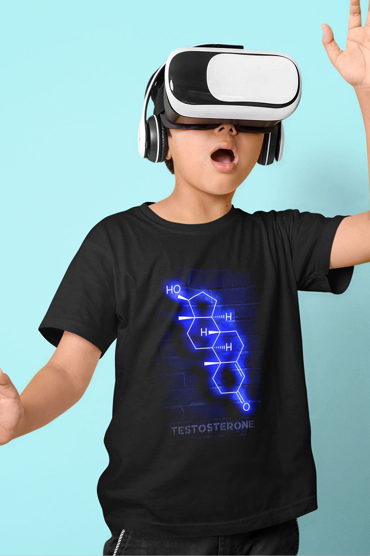 Testosteron Molekülü Neon Baskılı Unisex Siyah Çocuk Tişörtü - Tshirt