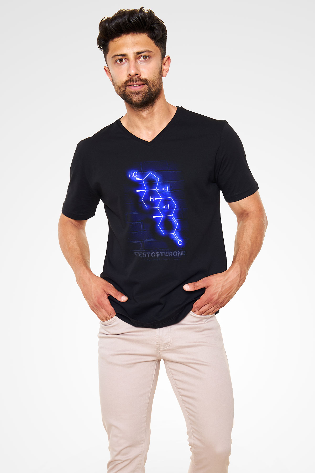 Testosteron Molekülü Neon Baskılı Unisex V Yaka Siyah Tİşört - Tshirt