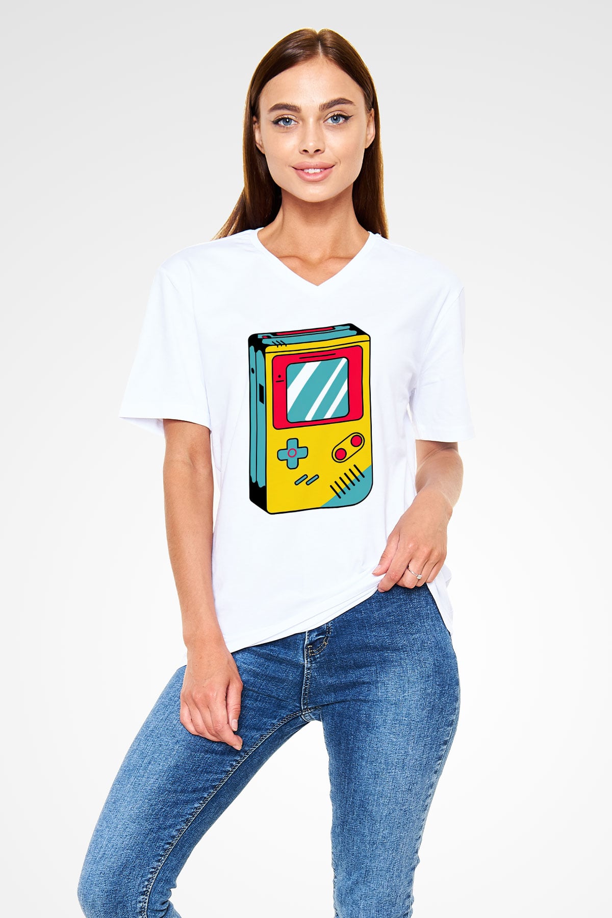 Tetris Beyaz Unisex  V Yaka Tişört