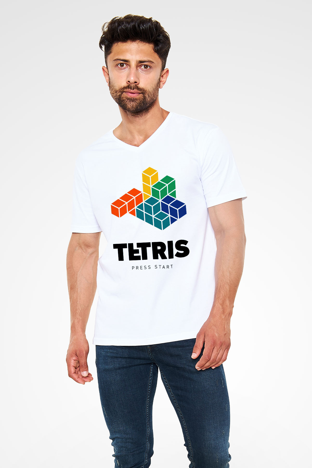 Tetris Beyaz Unisex  V Yaka Tişört