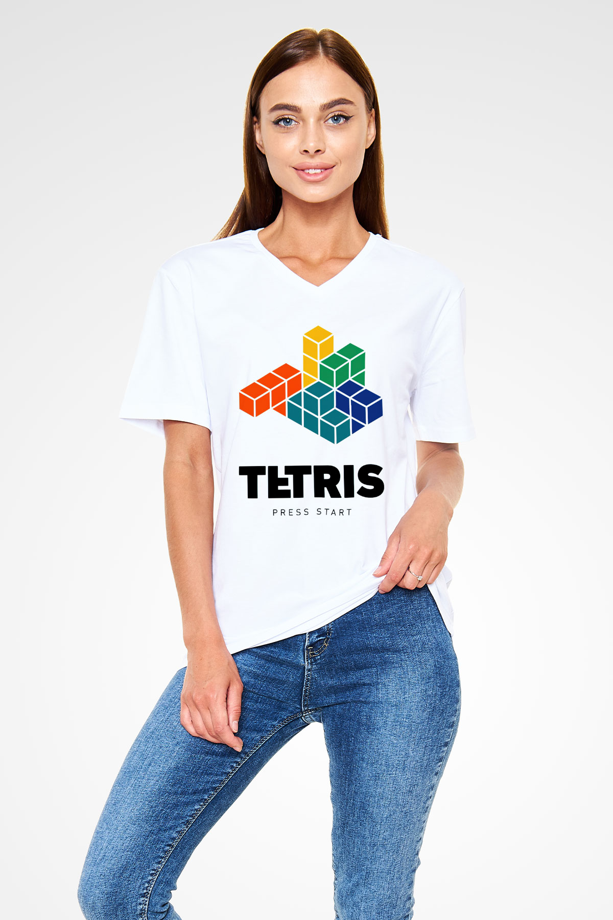 Tetris Beyaz Unisex  V Yaka Tişört