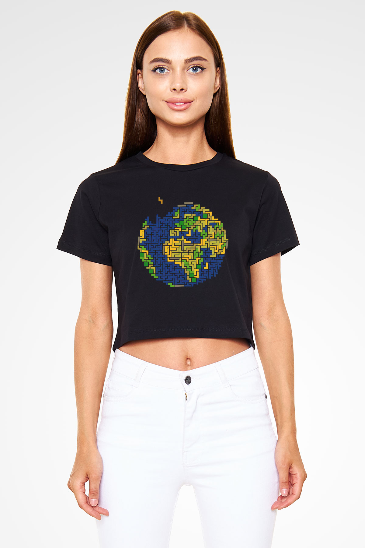 Tetris Siyah Crop Top Tişört