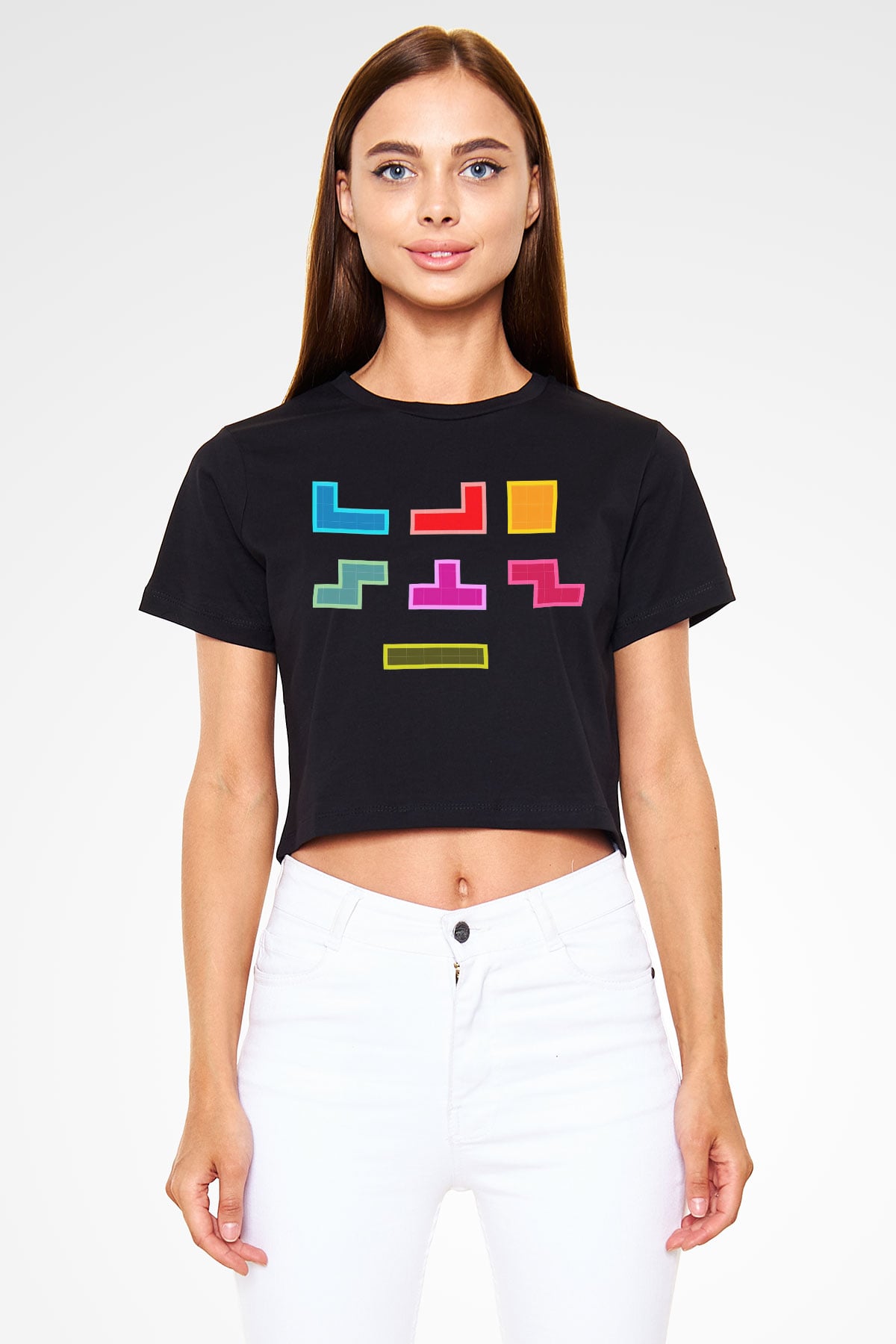 Tetris Siyah Crop Top Tişört
