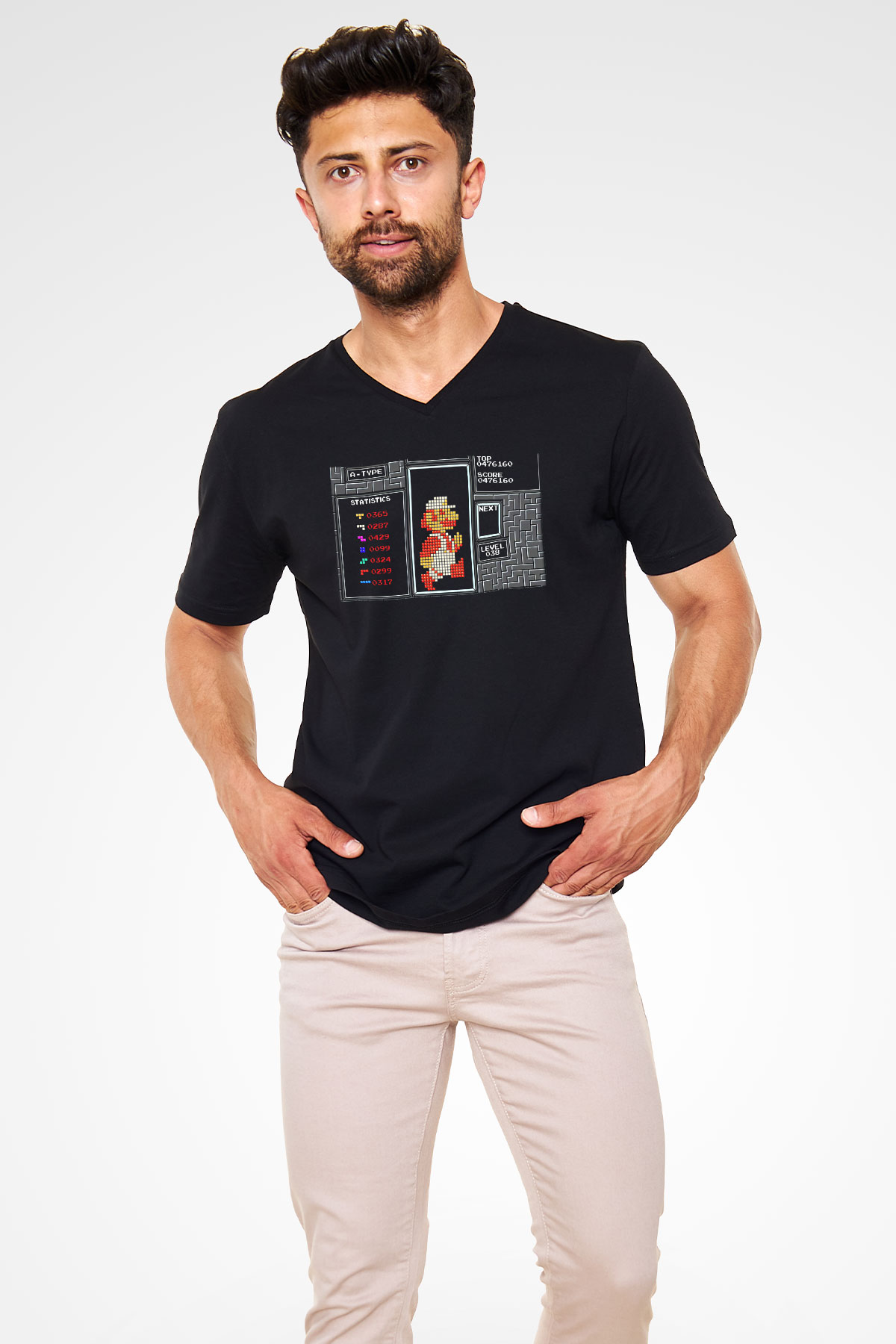Tetris Siyah Unisex V Yaka Tişört