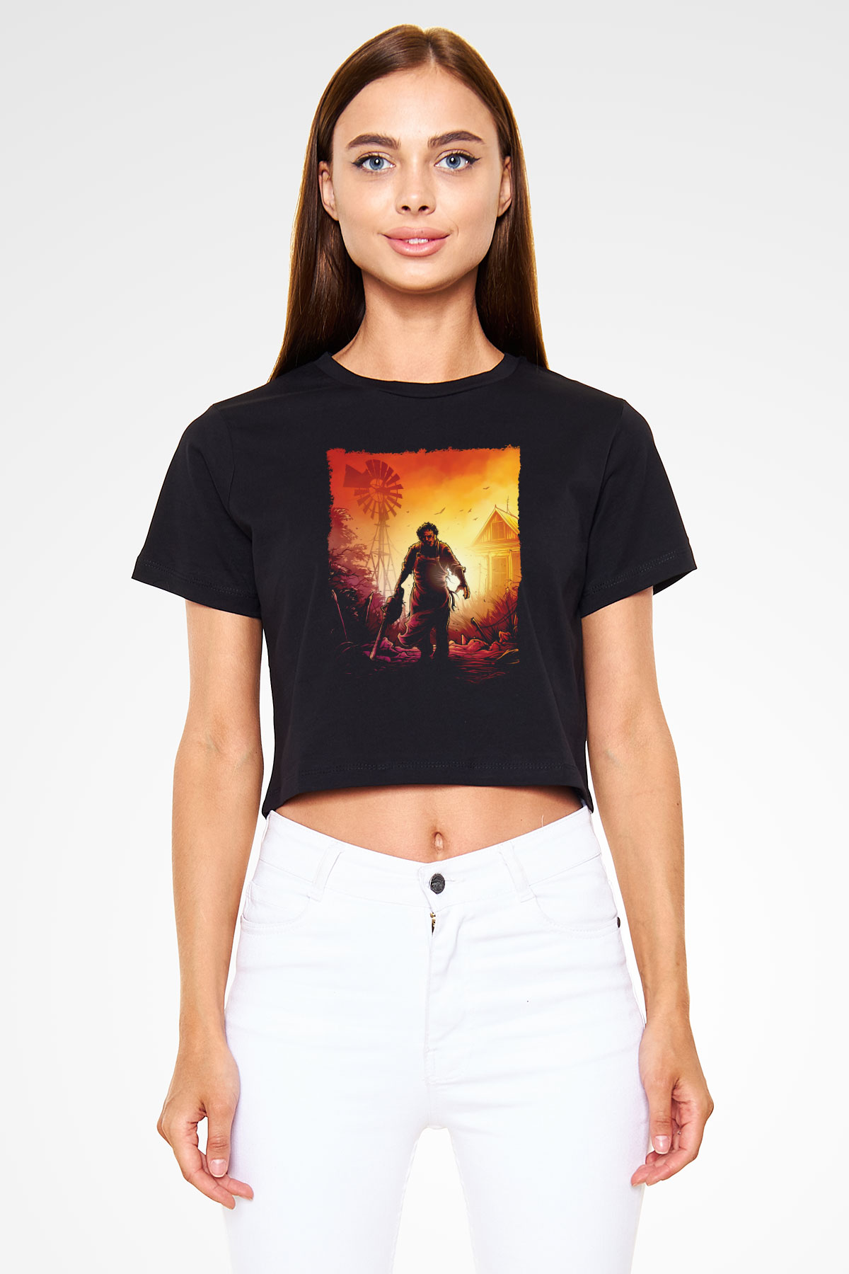 Texas Chain Saw Massacre Siyah   Crop Top Tişört