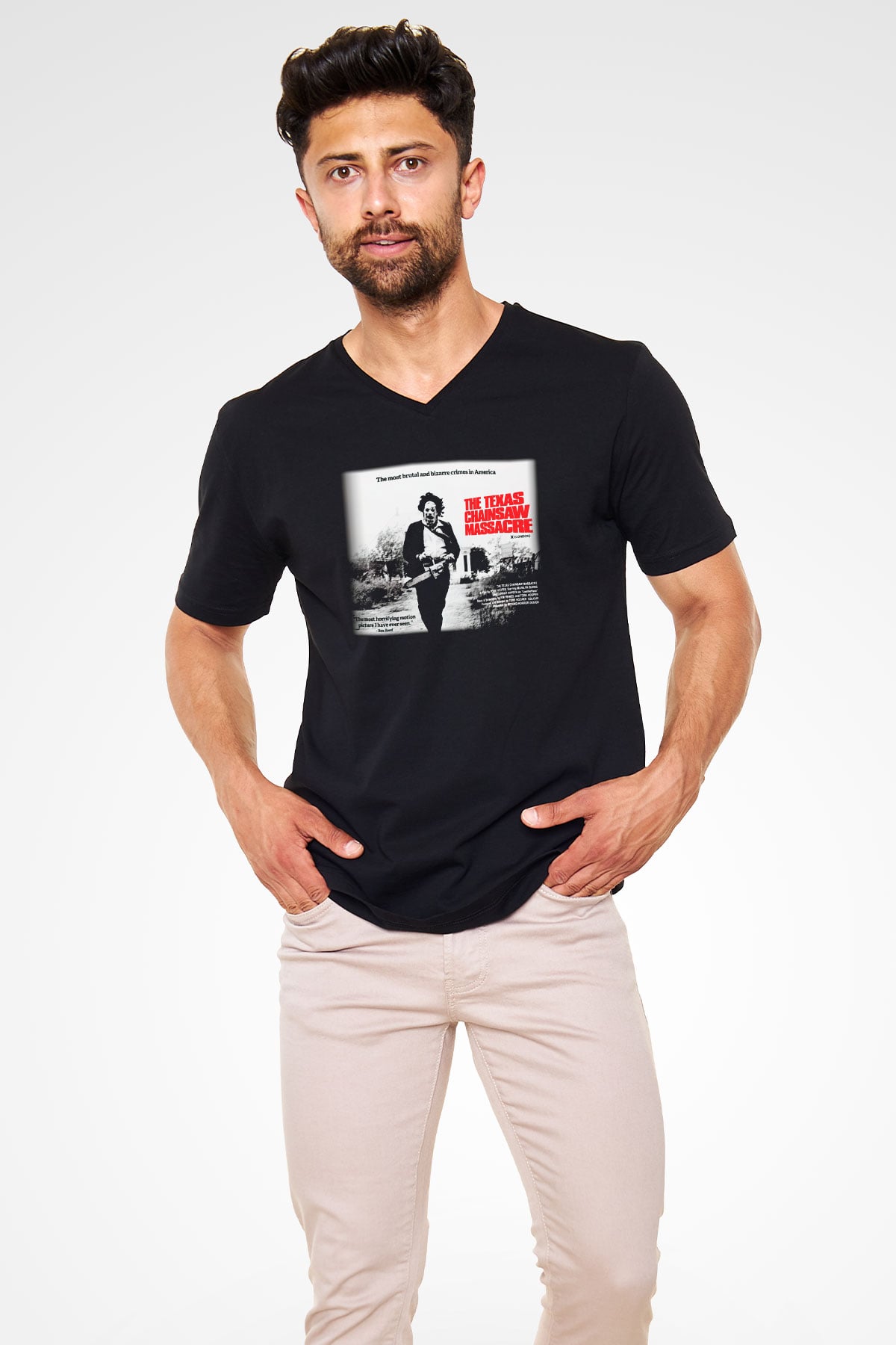 Texas Chain Saw Massacre Siyah Unisex V Yaka Tişört