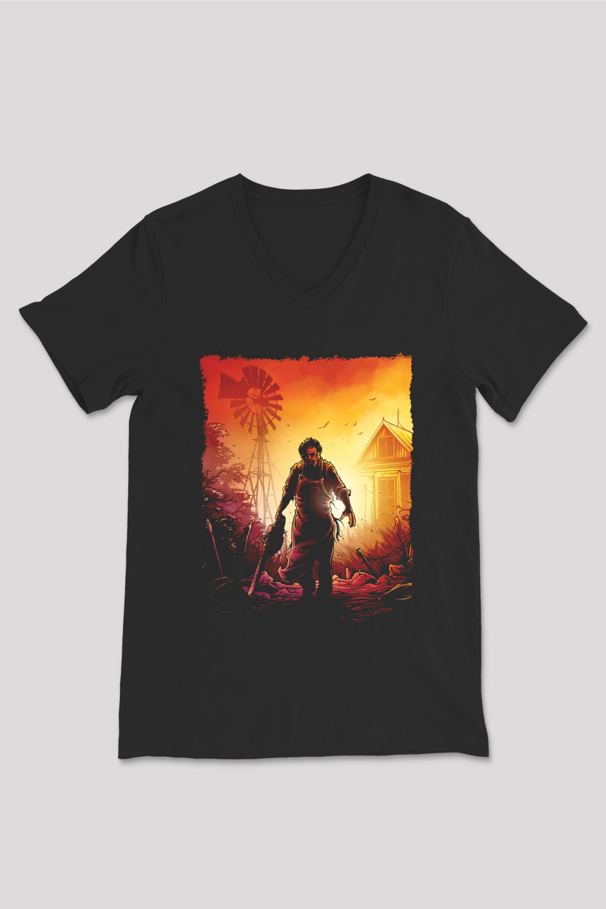 Texas Chain Saw Massacre Siyah Unisex  V Yaka Tişört