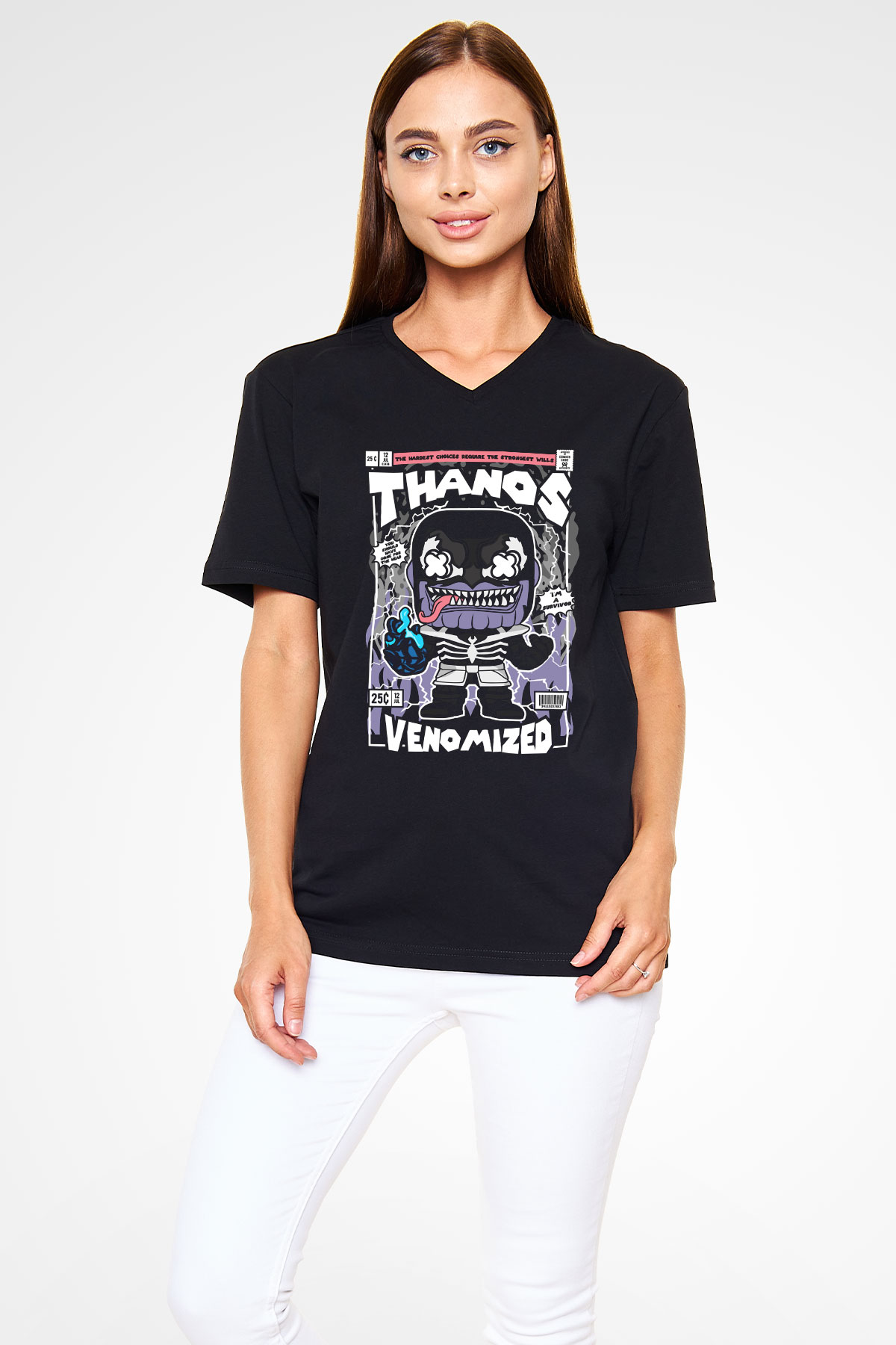 Thanos Venomized Baskılı Unisex Siyah V Yaka Tişört