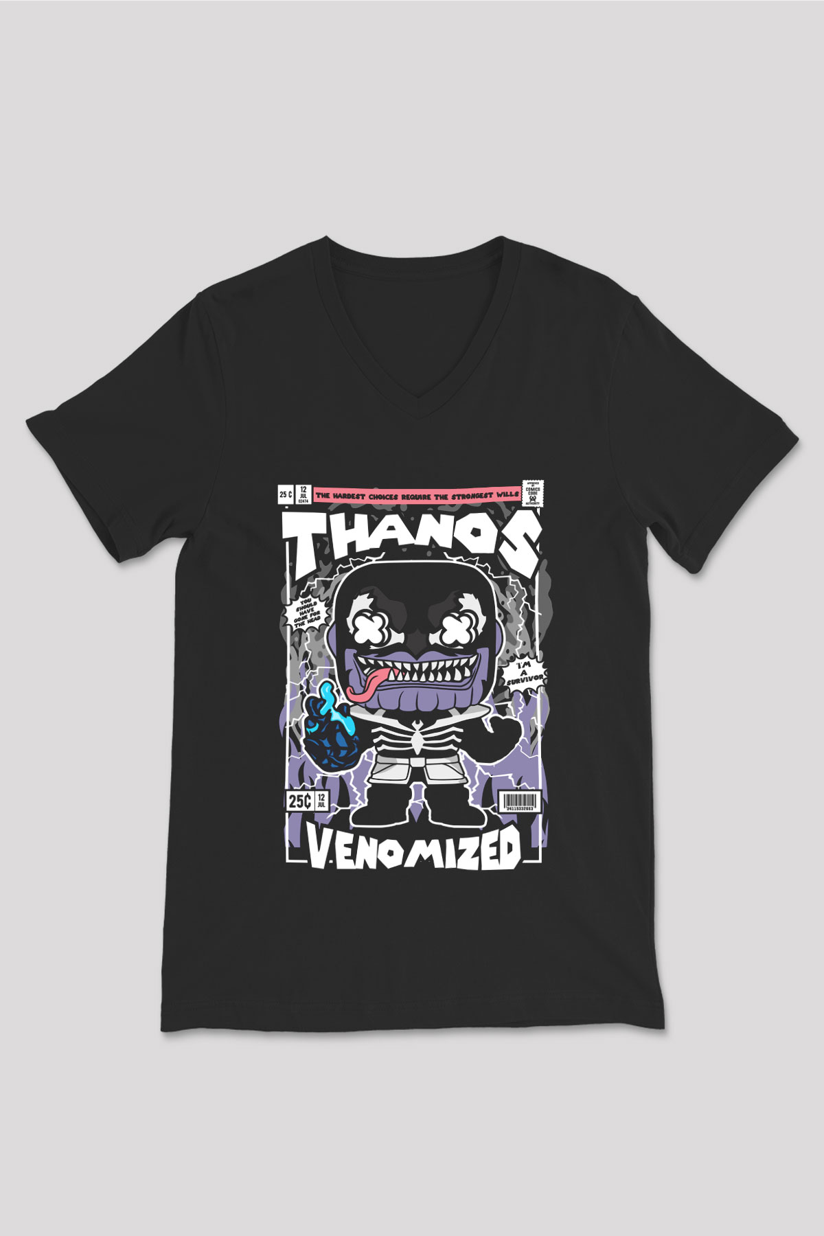 Thanos Venomized Baskılı Unisex Siyah V Yaka Tişört