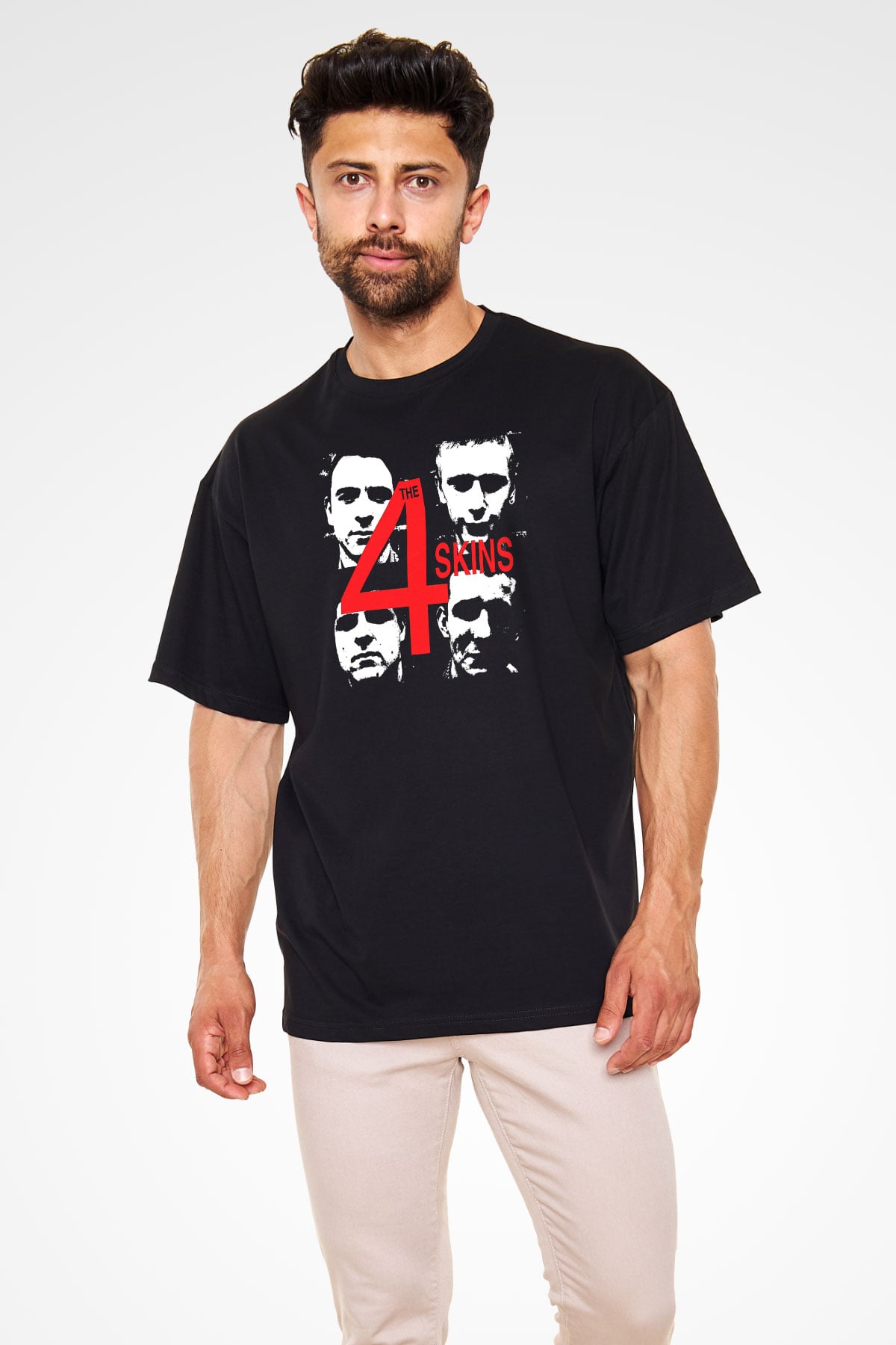 The 4 Skins Baskılı Unisex Siyah Oversize Tişört - Tshirt