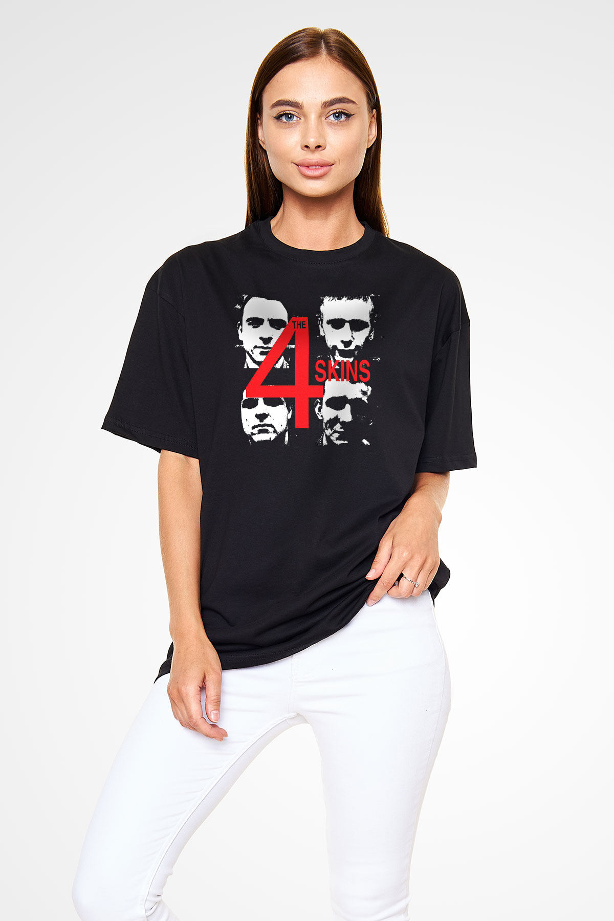 The 4 Skins Baskılı Unisex Siyah Oversize Tişört - Tshirt