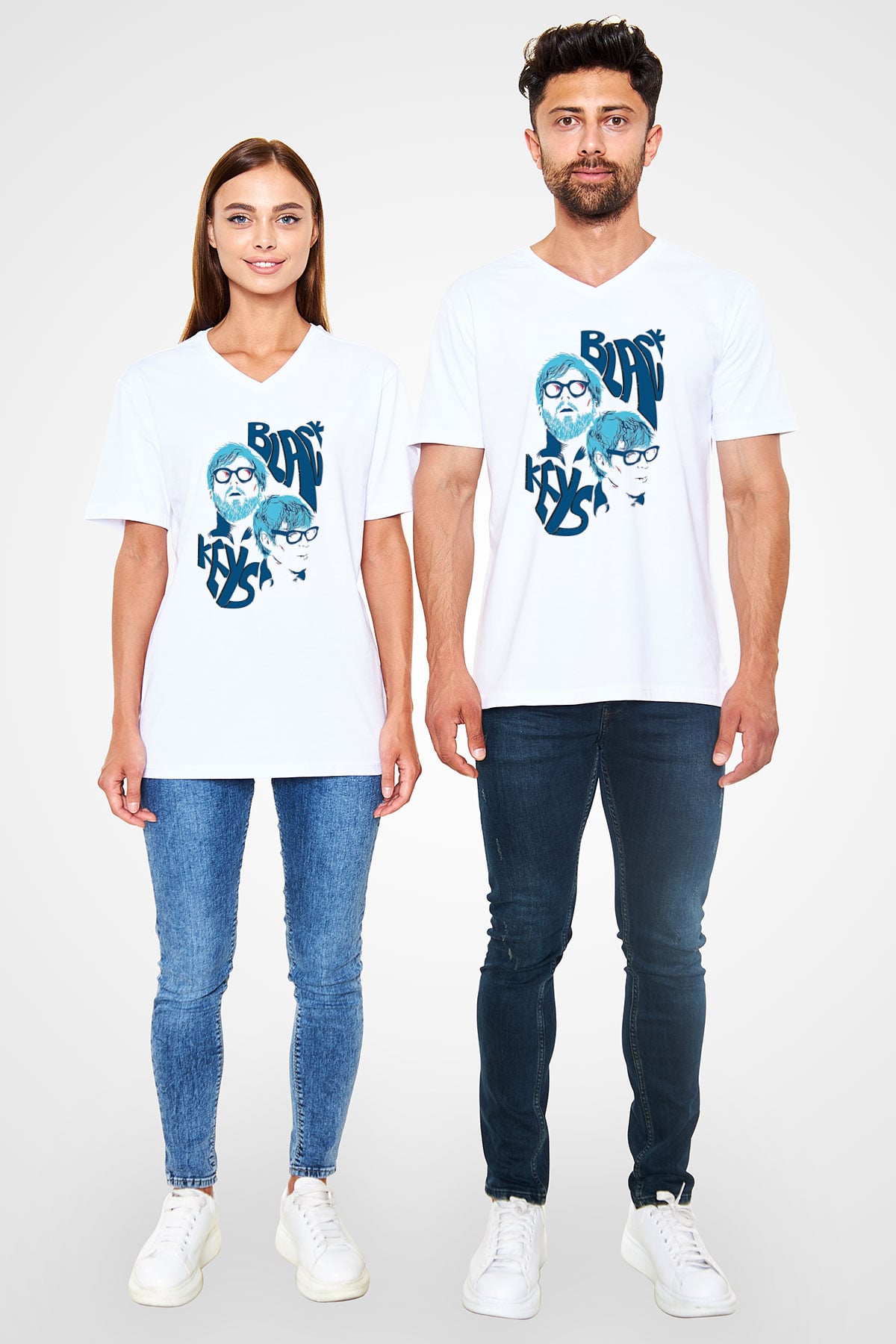 The Black Keys Baskılı Beyaz Unisex V Yaka Tişört - Tshirt