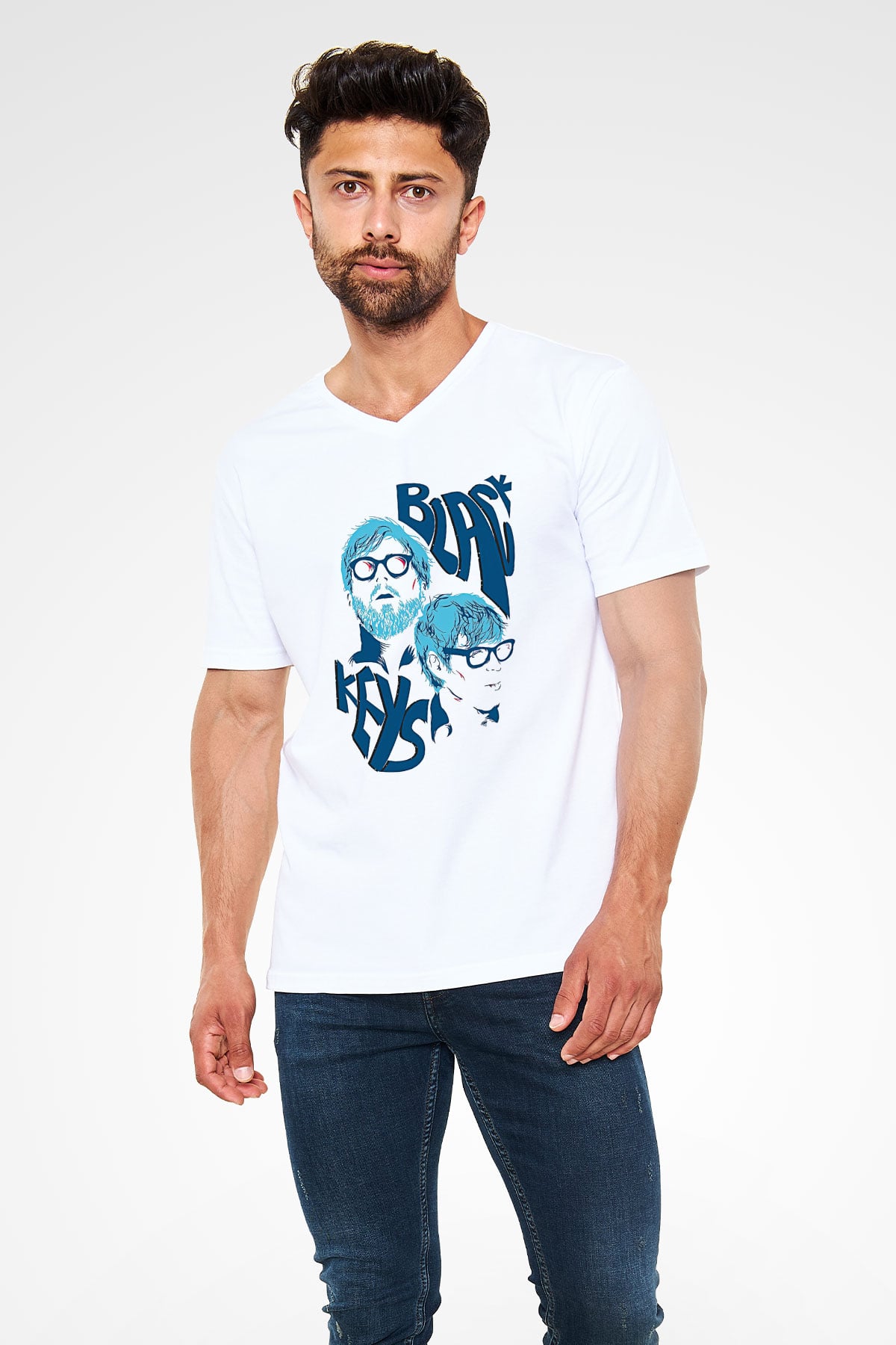 The Black Keys Baskılı Beyaz Unisex V Yaka Tişört - Tshirt