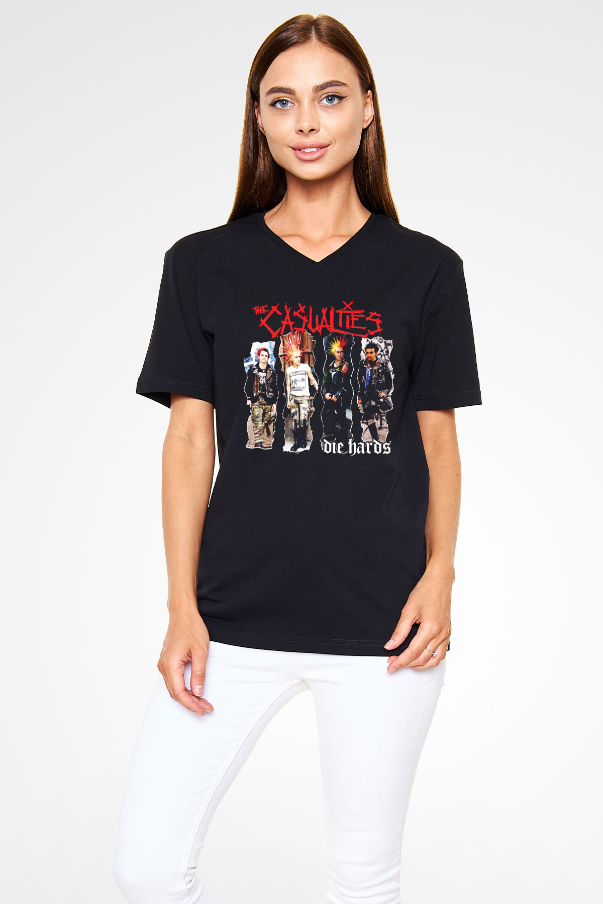 The Casualties Siyah Unisex V Yaka Tişört T-Shirt
