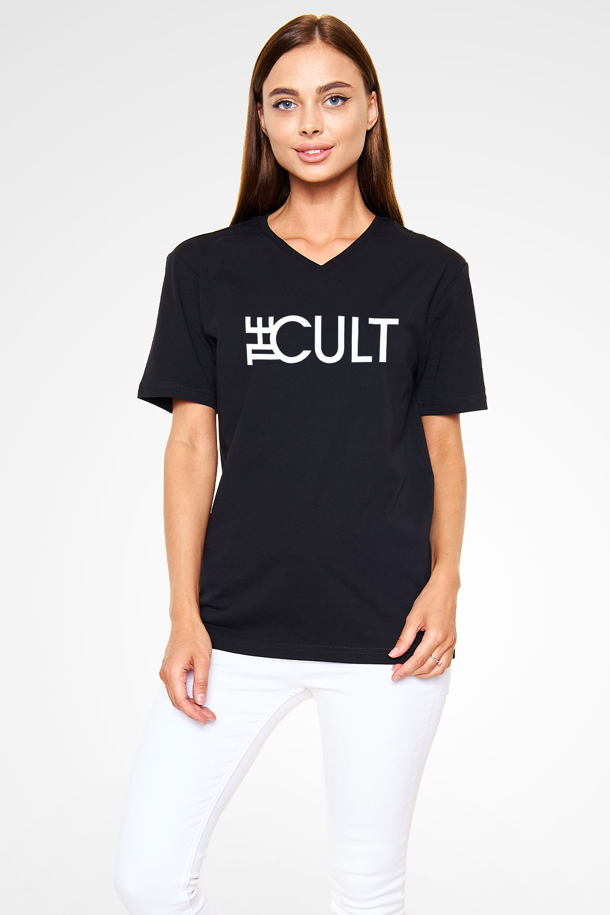 The Cult Baskılı Unisex Siyah V Yaka Tişört - Tshirt