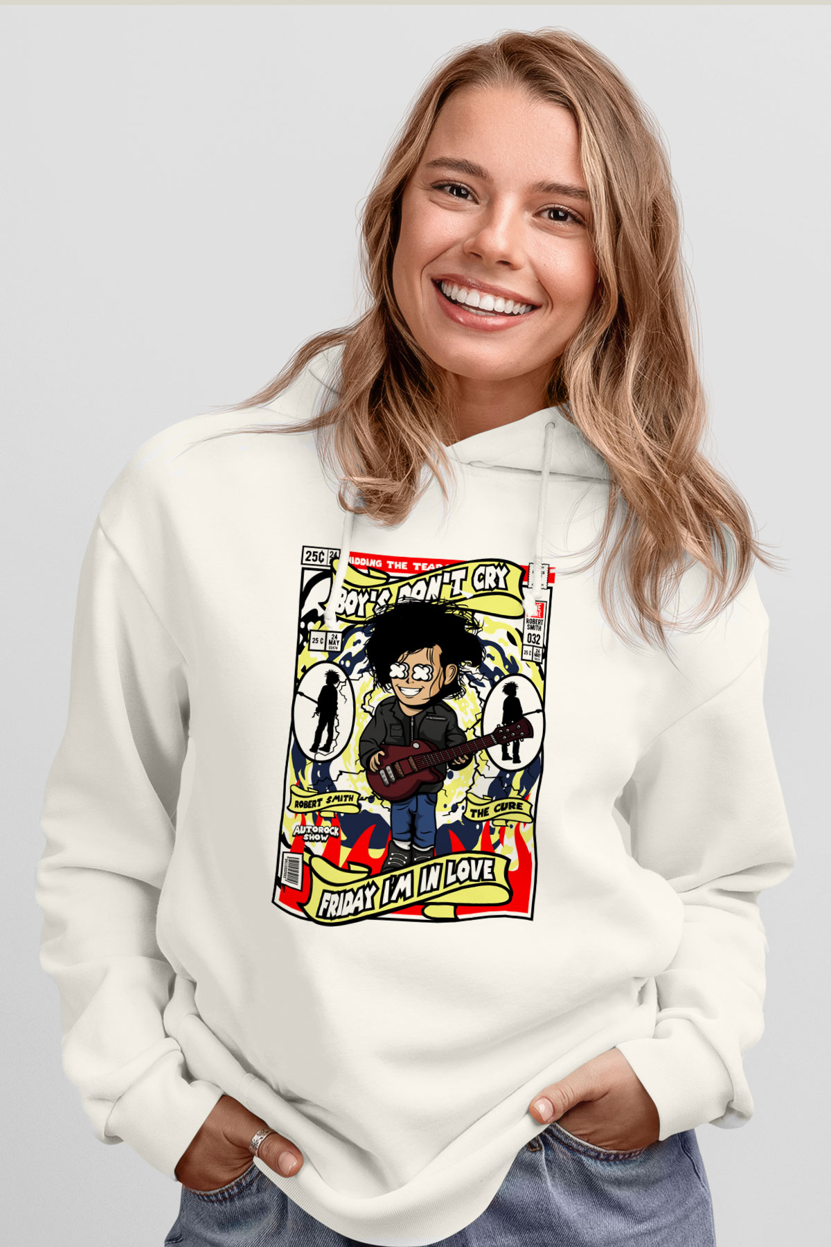 The Cure Baskılı Unisex Beyaz Hoodie