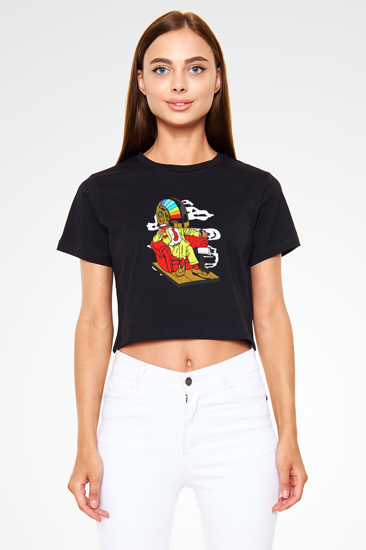 The Daft Punk Boss Baskılı  Siyah  Crop Top Tişört