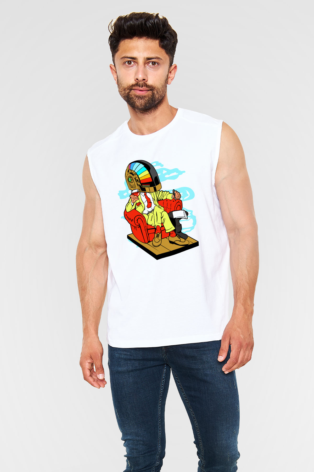 The Daft Punk Boss Baskılı Unisex Beyaz Kolsuz Tişört