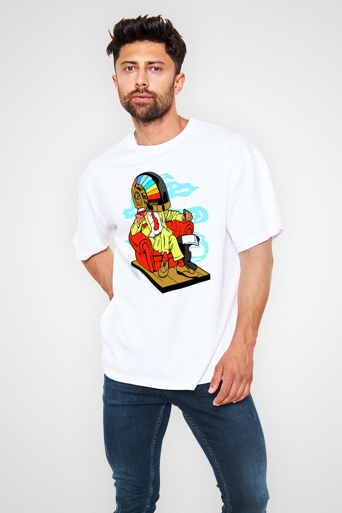 The Daft Punk Boss Baskılı Unisex Beyaz Oversize Tişört