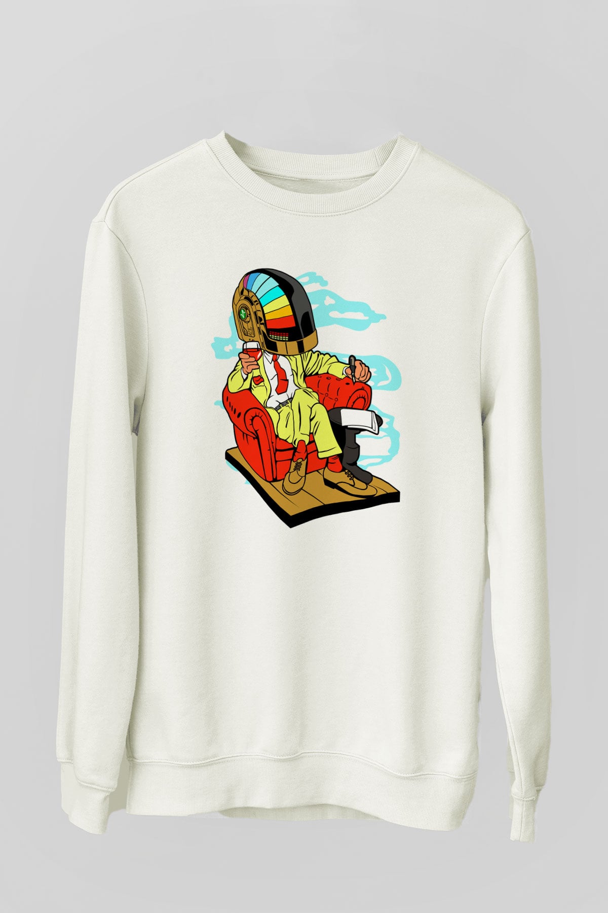 The Daft Punk Boss Baskılı Unisex Beyaz Sweatshirt