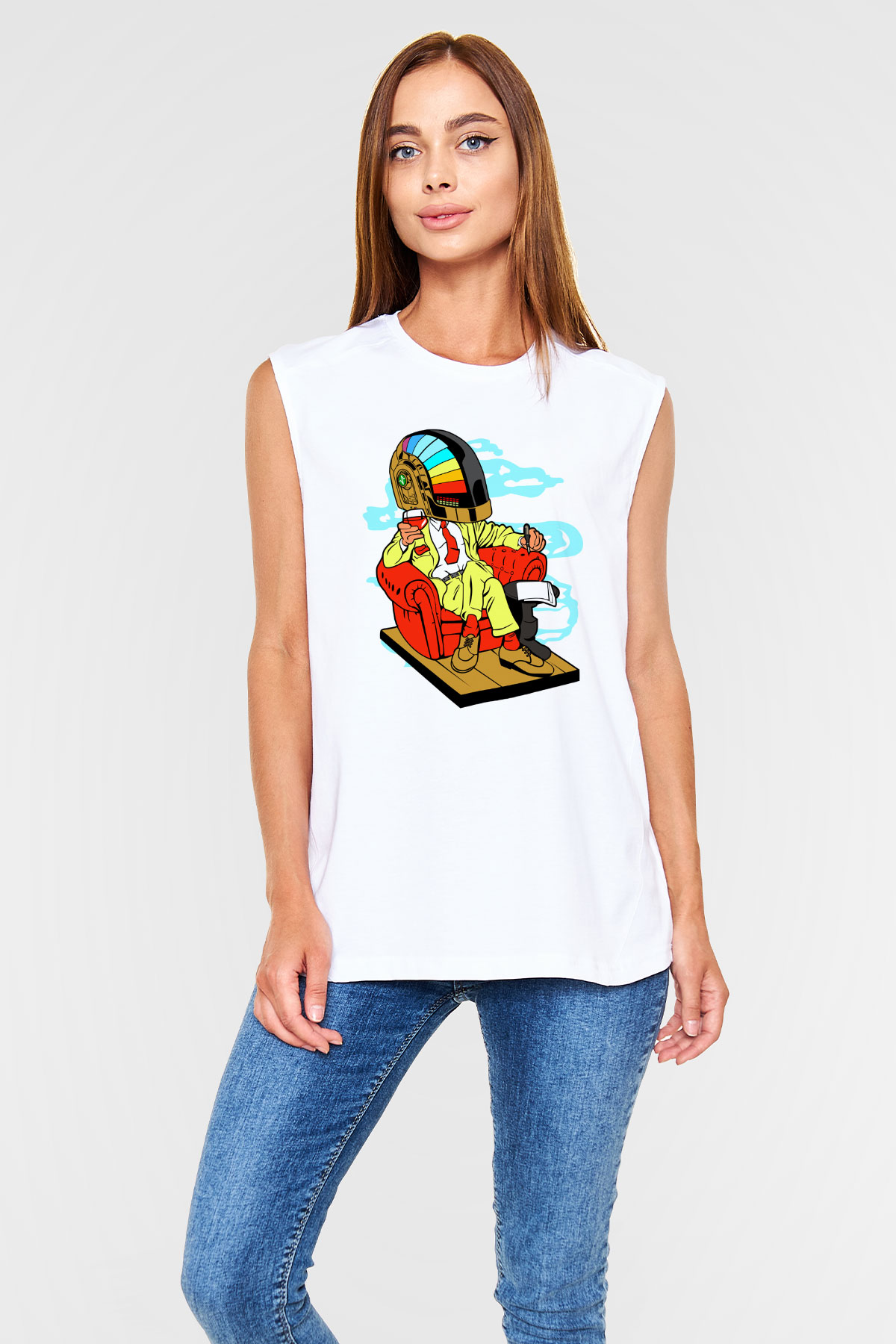 The Daft Punk Boss Baskılı Unisex Beyaz Kolsuz Tişört