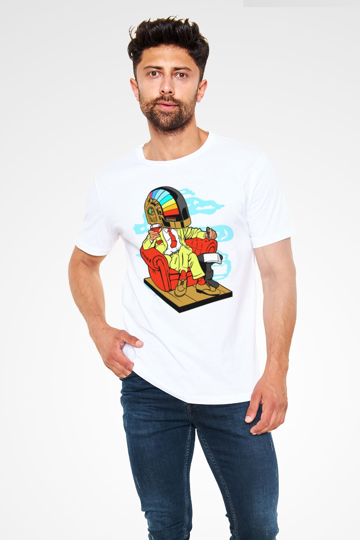 The Daft Punk Boss Baskılı Unisex Beyaz Tişört