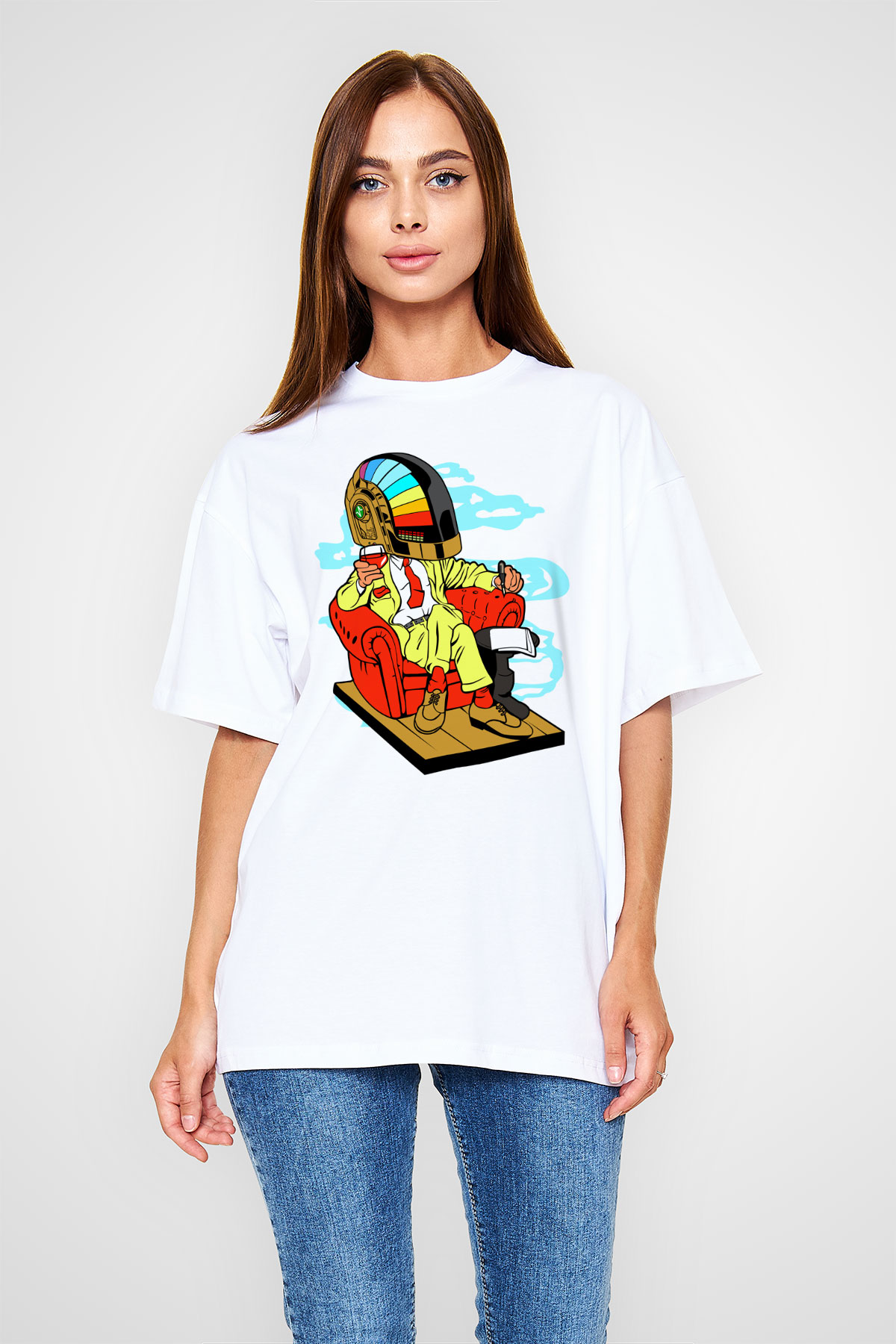 The Daft Punk Boss Baskılı Unisex Beyaz Oversize Tişört