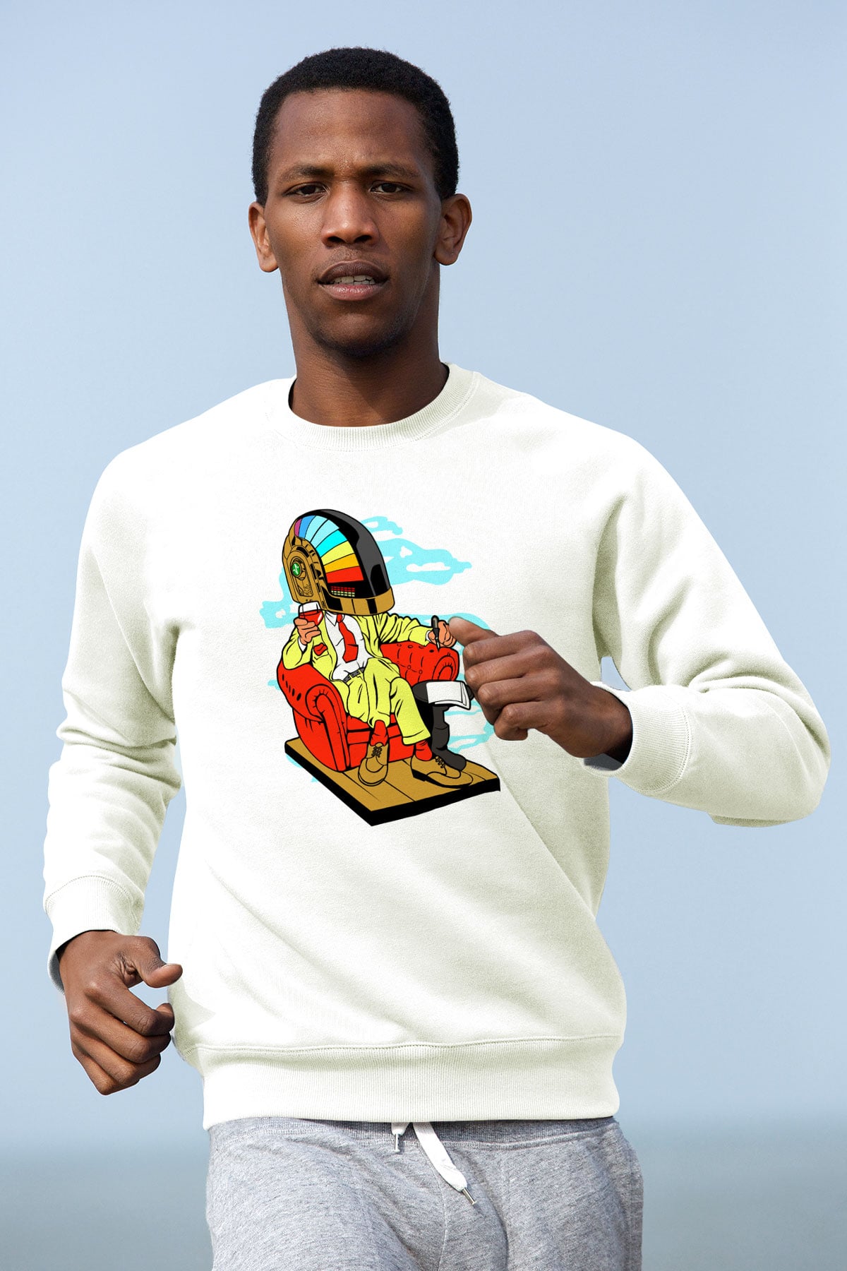 The Daft Punk Boss Baskılı Unisex Beyaz Sweatshirt