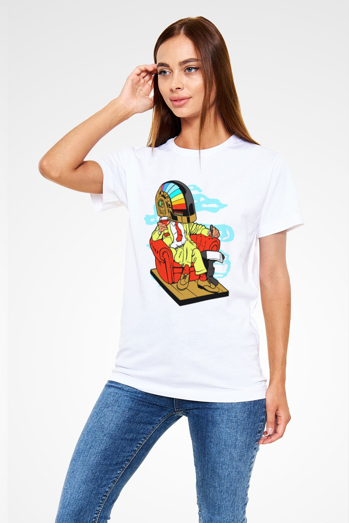The Daft Punk Boss Baskılı Unisex Beyaz Tişört
