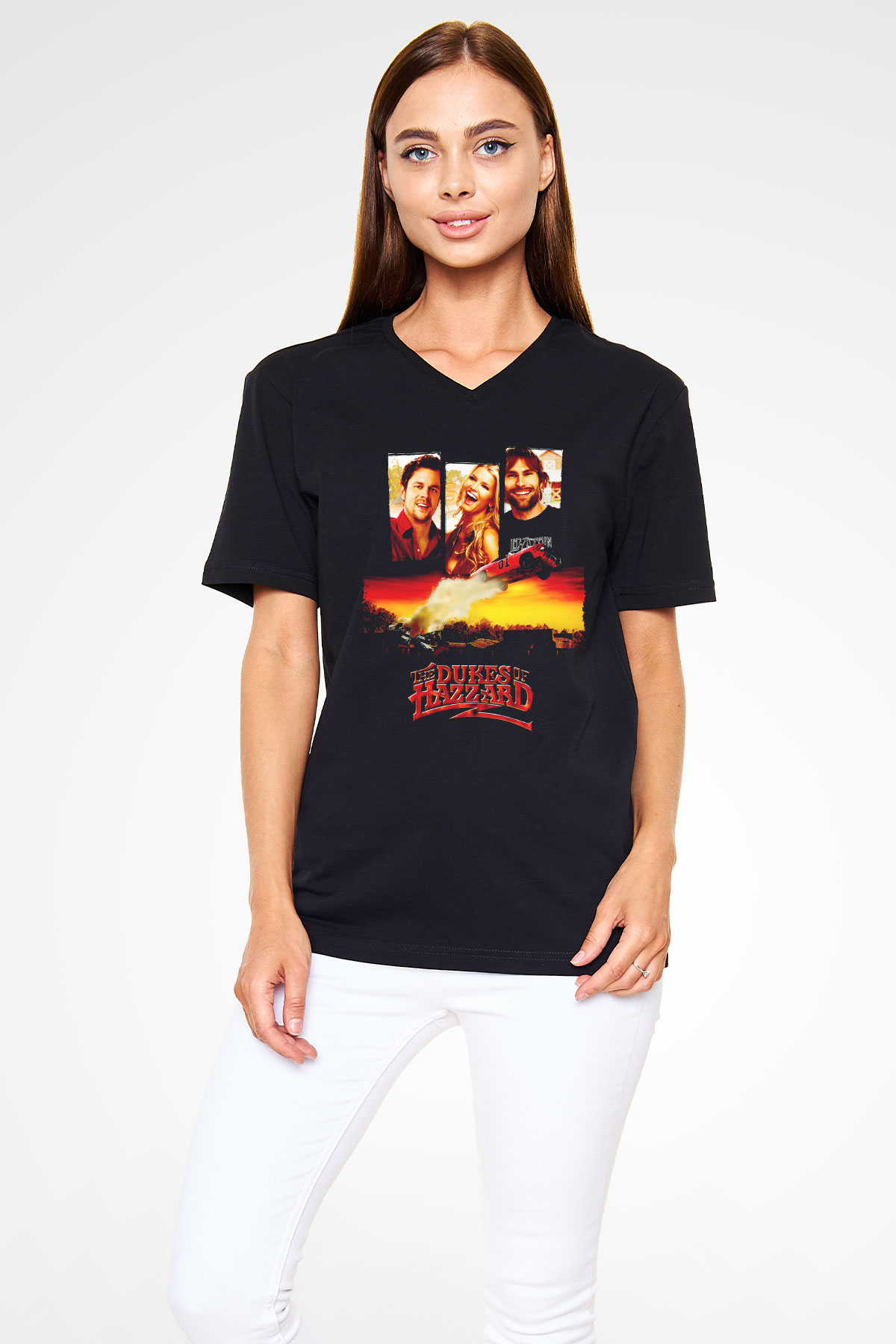 The Dukes of Hazzard Siyah Unisex  V Yaka Tişört