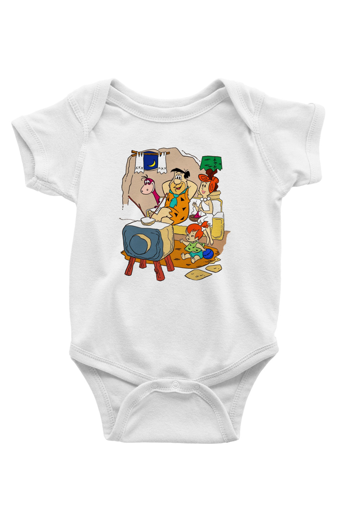 The Flintstones Taş Devri Baskılı Beyaz Unisex Bebek Body - Zıbın