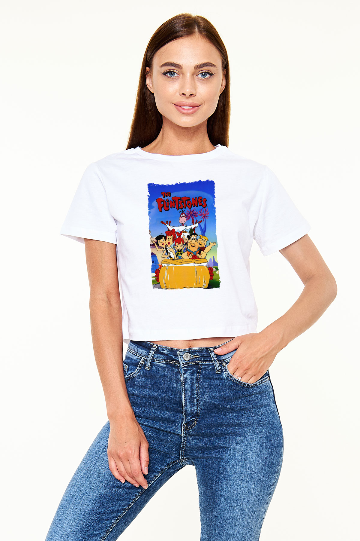 The Flintstones Taş Devri Beyaz   Crop Top Tişört