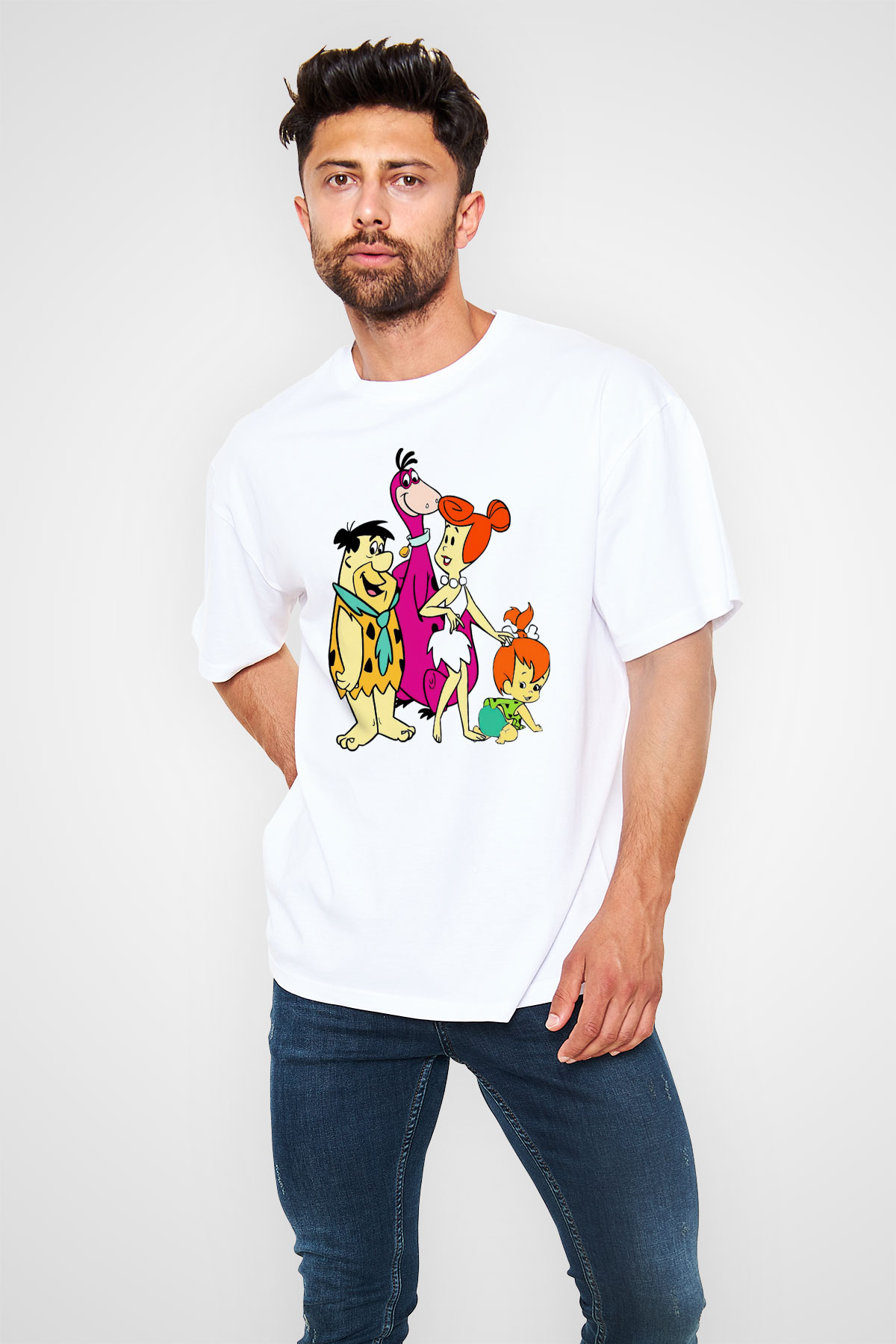 The Flintstones Taş Devri Beyaz Unisex Oversize Tişört