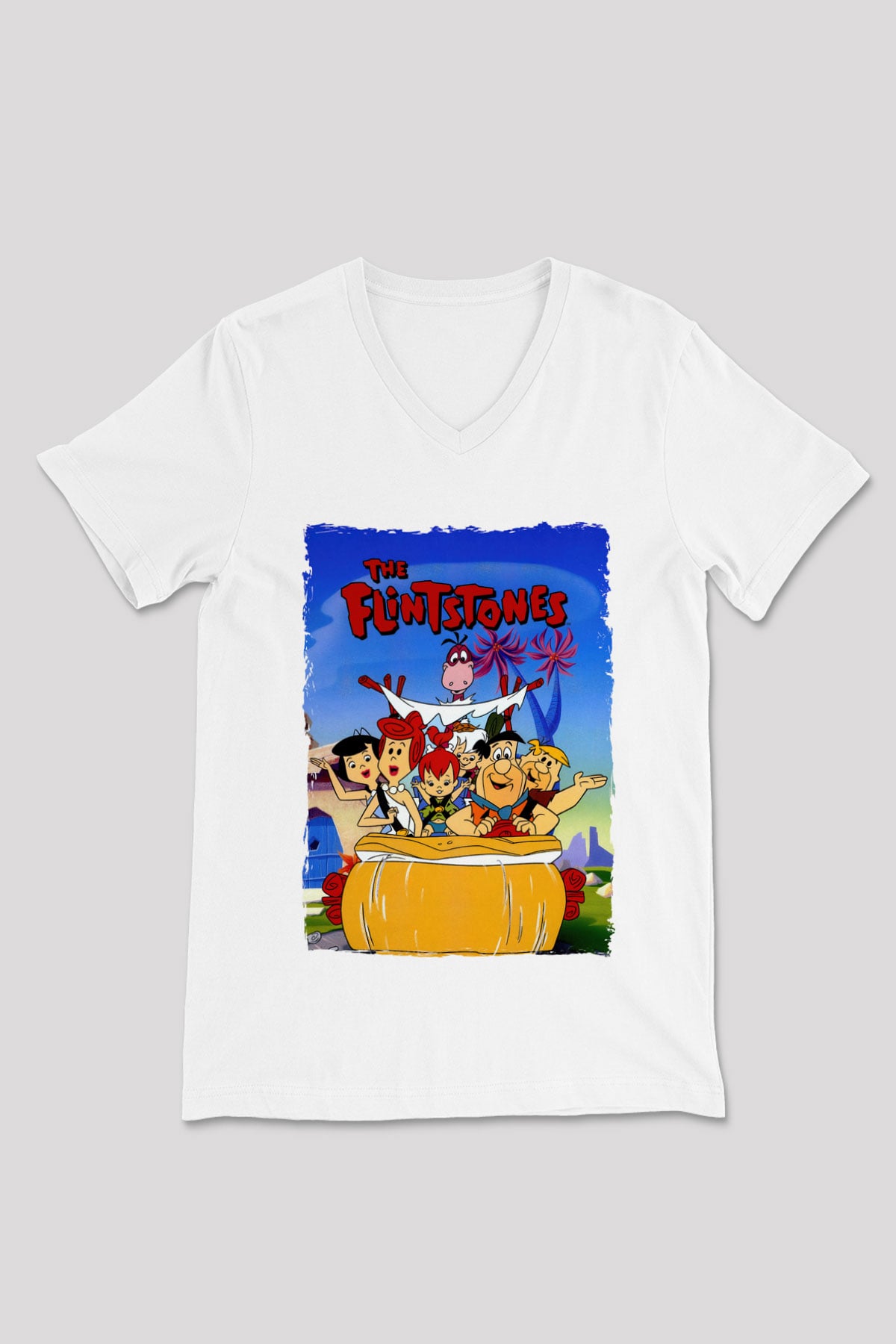 The Flintstones Taş Devri Beyaz Unisex  V Yaka Tişört
