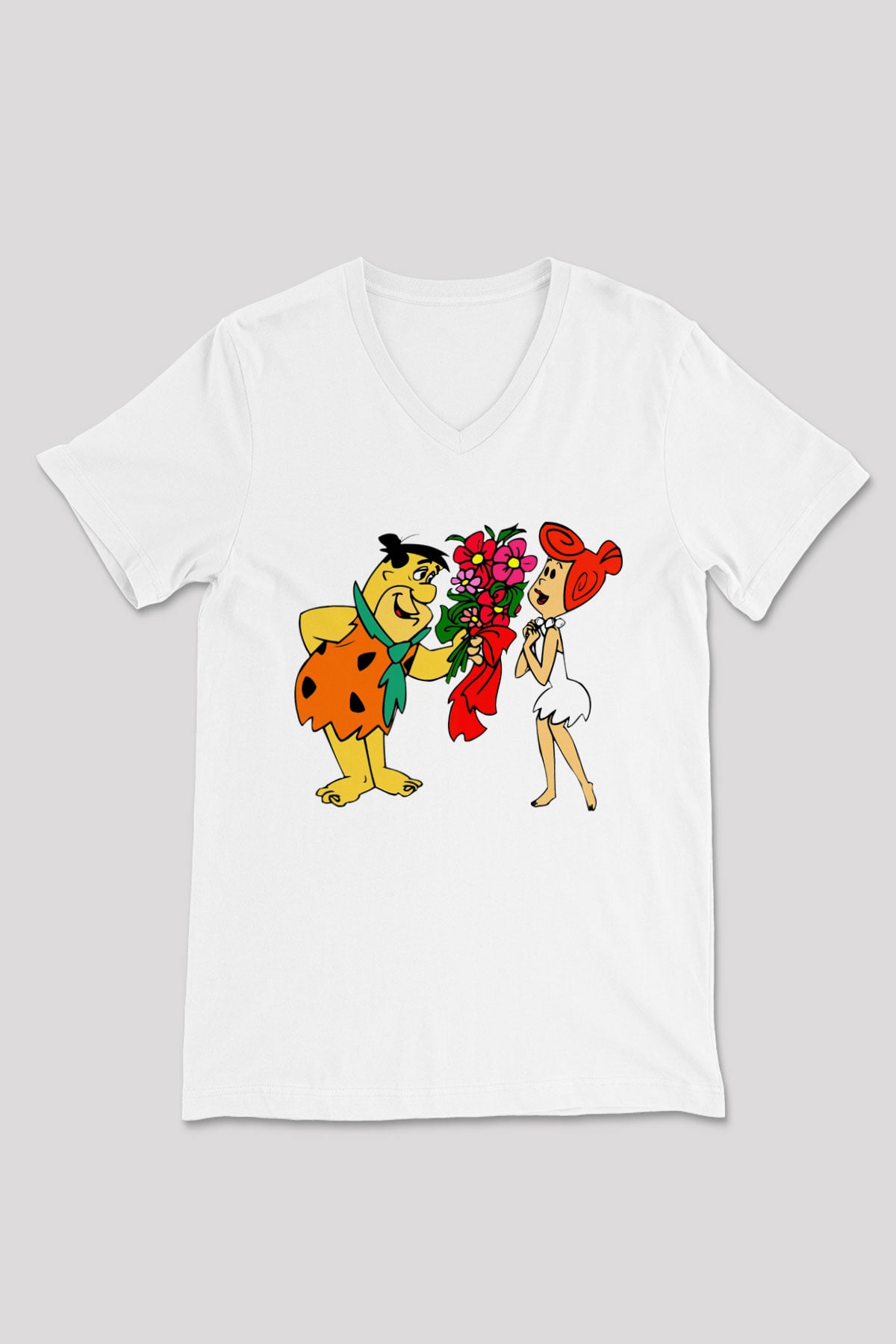 The Flintstones Taş Devri Beyaz Unisex  V Yaka Tişört
