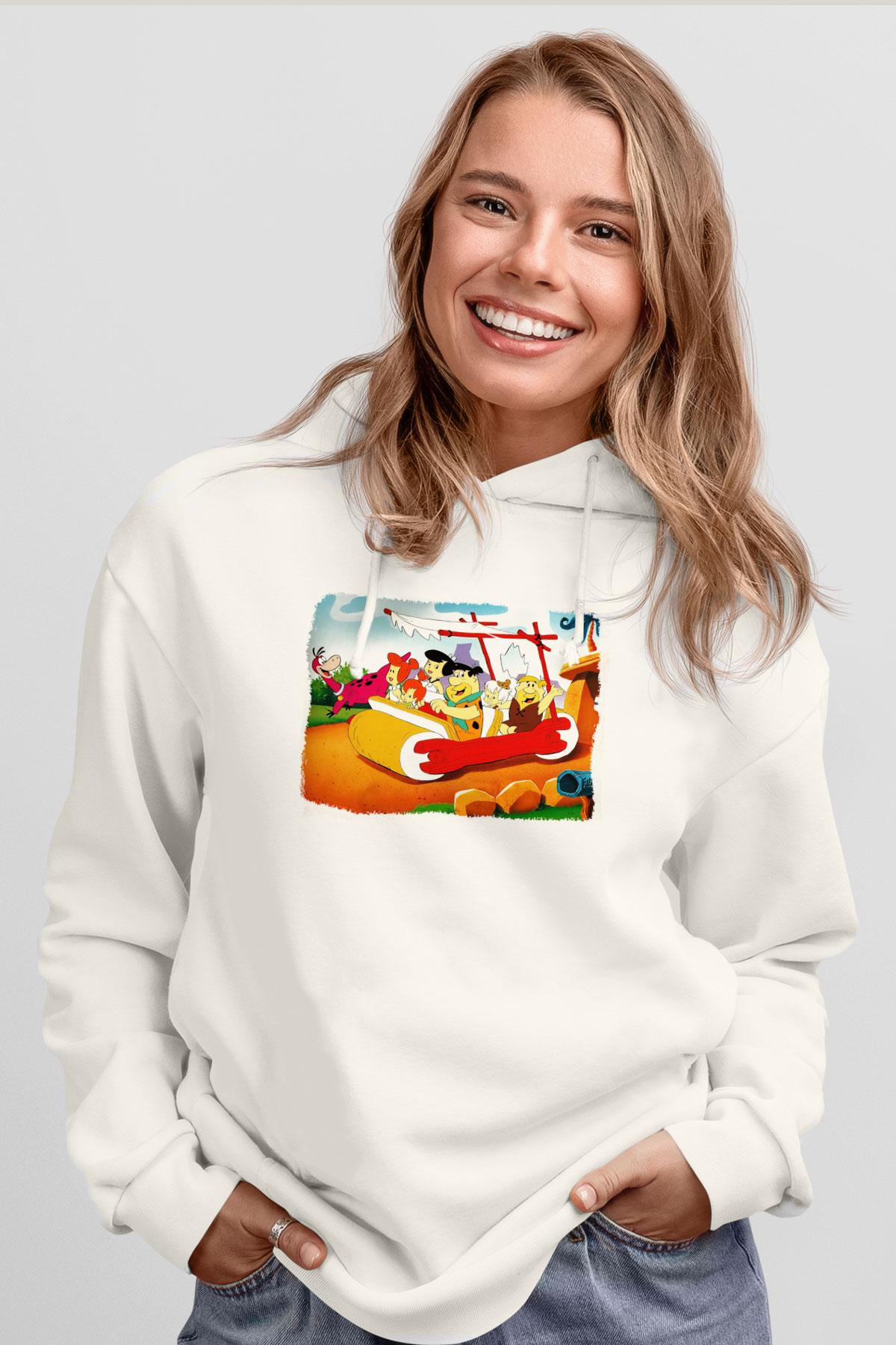 The Flintstones Taş Devri Beyaz Unisex Kapşonlu Sweatshirt